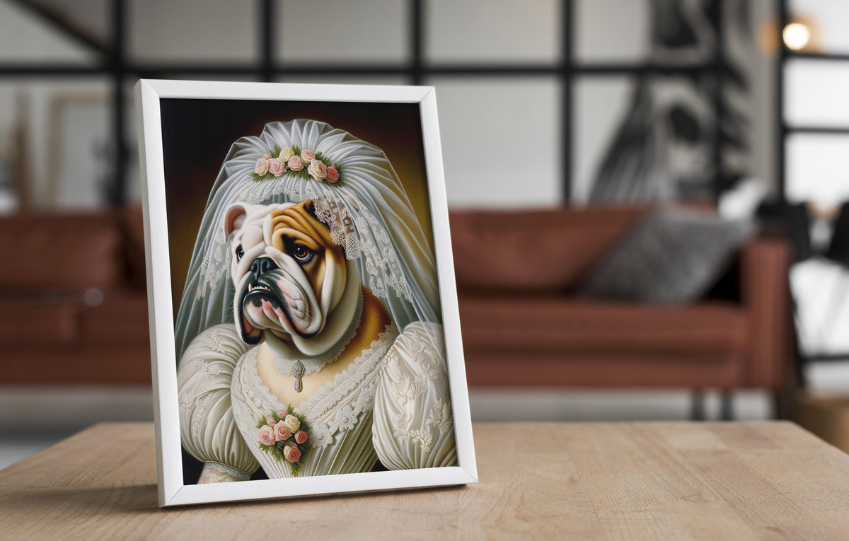 English Bulldog in wedding dress poster in a white frame on a wooden table, blurred living room behind