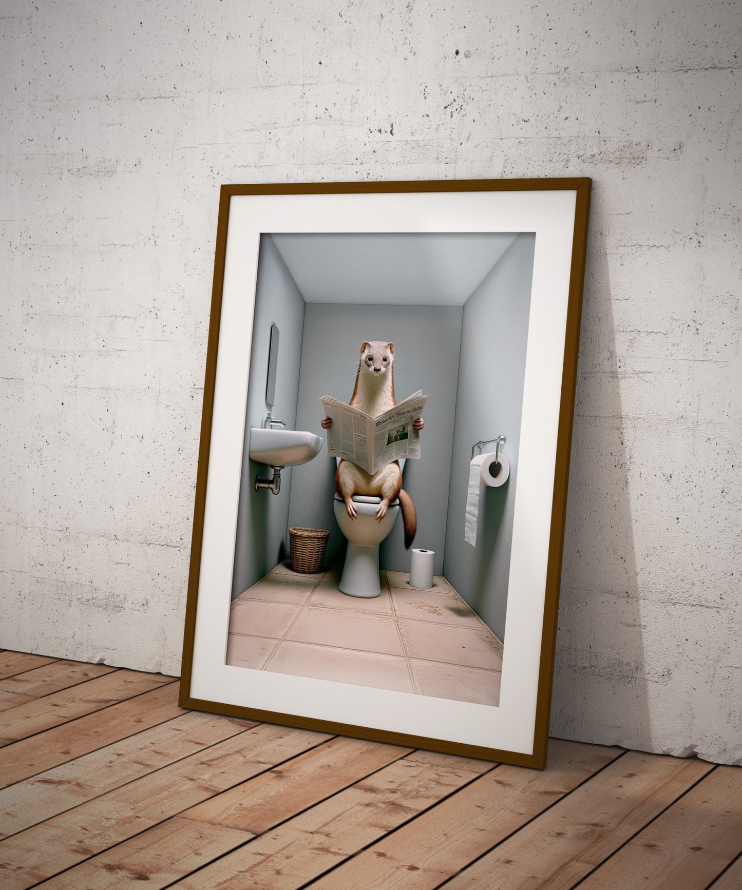 Poster Humour: Fouine lisant le journal aux toilettes - Décoration WC originale, Cadre Salle de bain, Idée cadeau amusante