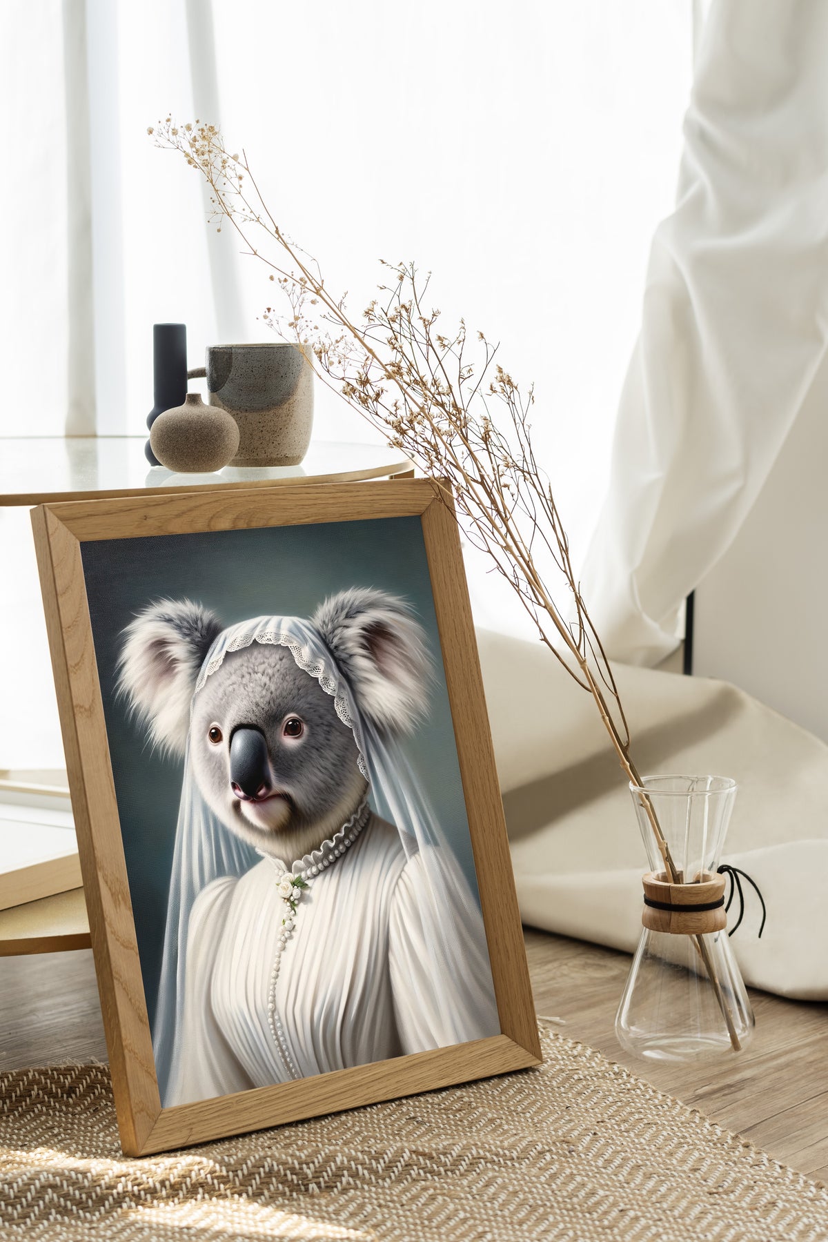 Koala bride poster in a natural wood frame on the floor by a window, dried flowers