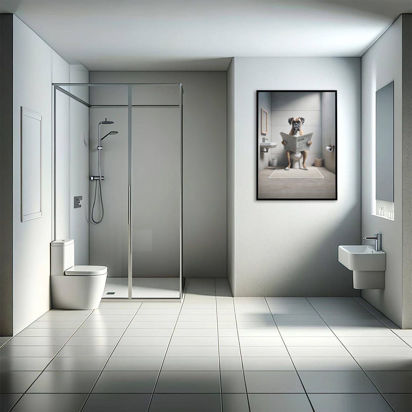 Poster boxer lisant le journal aux toilettes en cadre noir dans une salle de bain avec douche à l'italienne