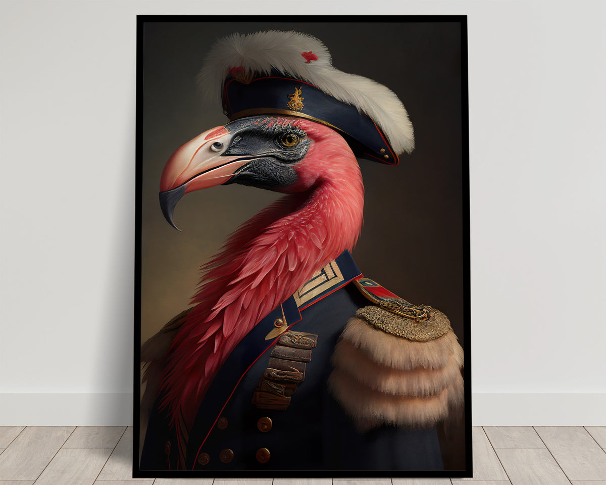 Portrait d'un flamant rose en bicorne blanc à plumes et uniforme bleu marine à épaulettes, poster Balthazart Studio