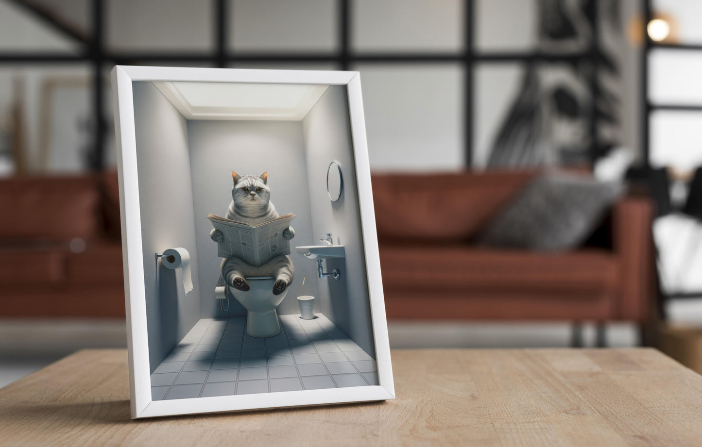 Affiche Murale Humour Chat British Shorthair Tigré Argenté, Déco WC & Salle de Bain, Cadeau Idéal