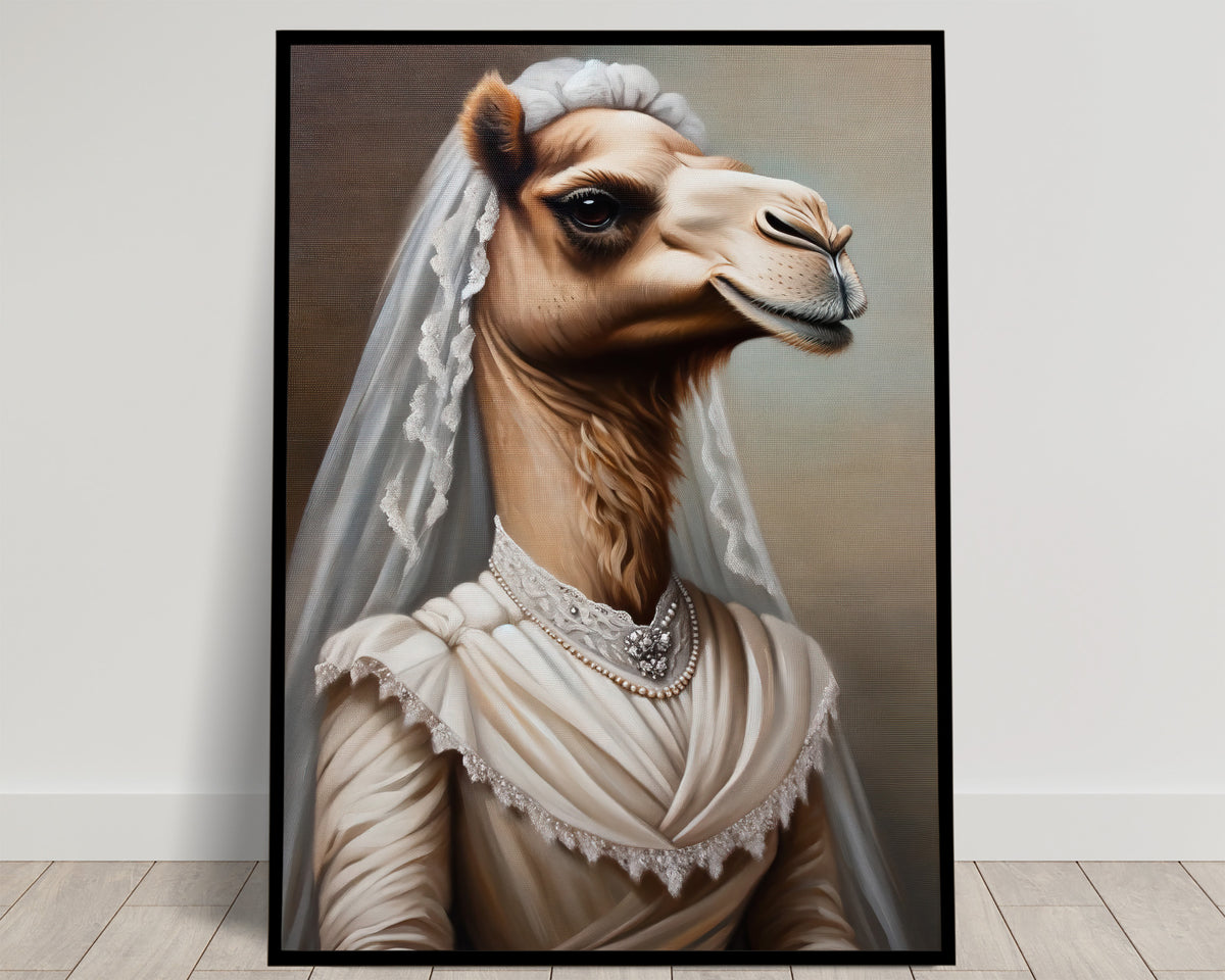 Portrait of a camel in a cream wedding dress with lace collar, pearl necklace and veil, brown background, black frame