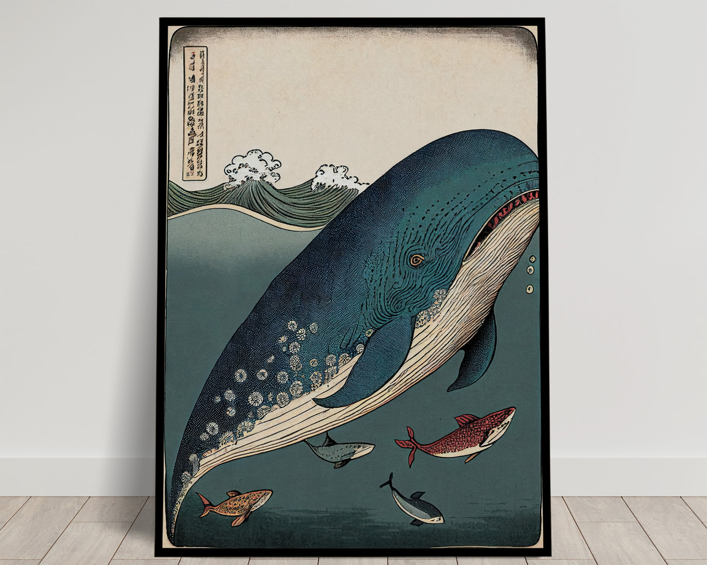 Blue whale diving among red and blue fish beneath the waves, ukiyo-e print, Balthazart Studio poster