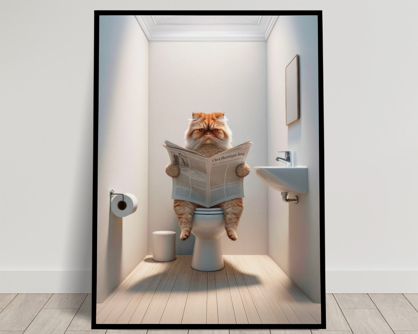 Affiche Murale Humour : Chat Persan Tigré Roux aux Toilettes, Déco WC & Salle de Bain, Idée Cadeau Chat Amusant