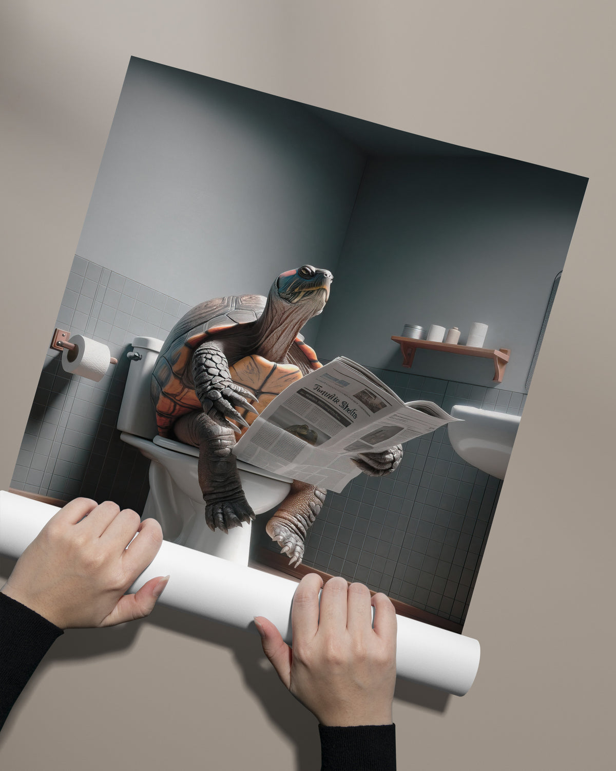 Poster of a turtle reading the paper on the toilet, unrolled by hand