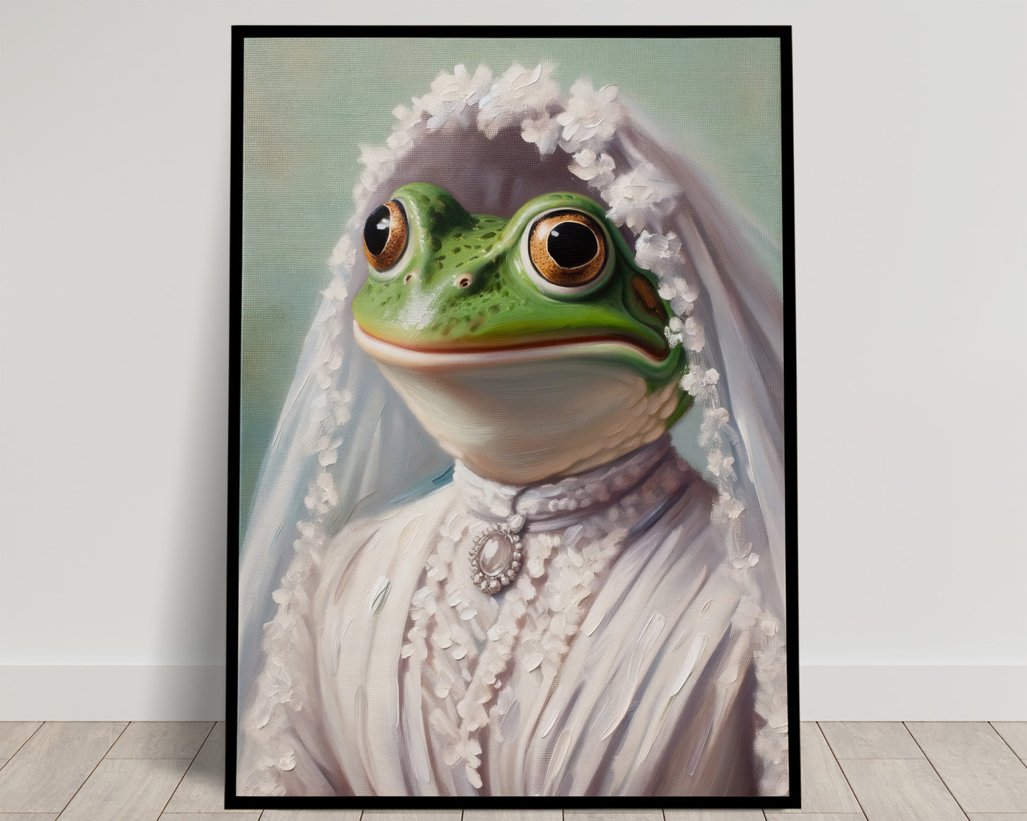 Portrait of a green frog in a blush white wedding dress, brooch and flowered veil, mint background, black frame