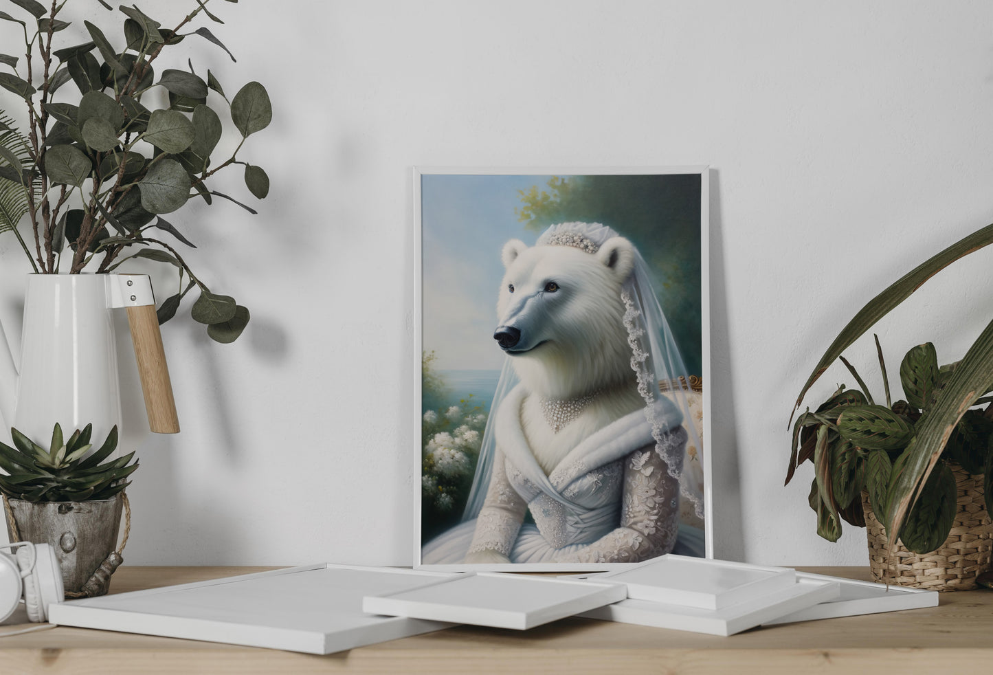 Polar bear in wedding dress poster leaning on a console between eucalyptus and a potted plant