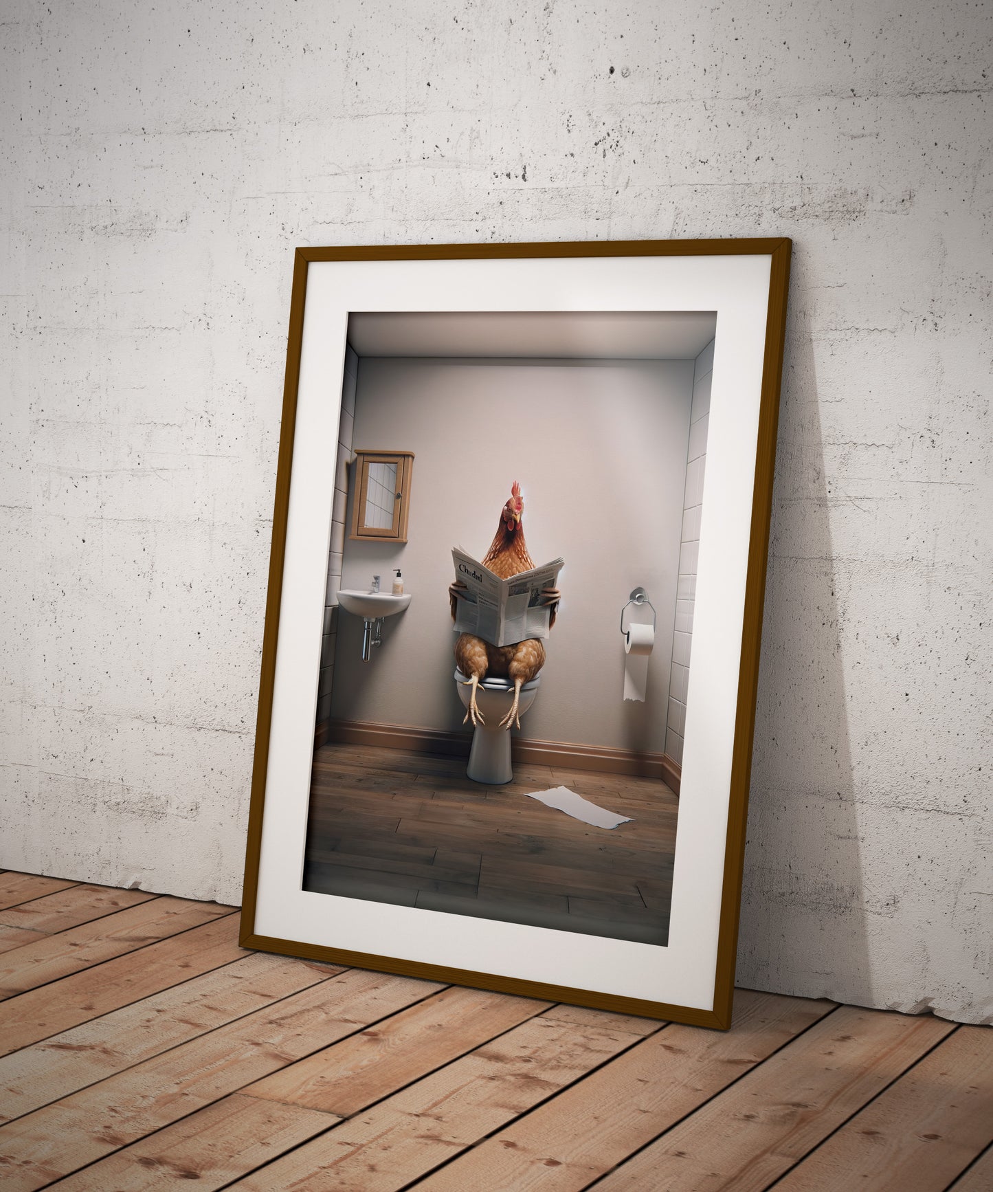 Poster poulet lisant le journal en cadre bois foncé et passe-partout, au sol contre un mur blanchi