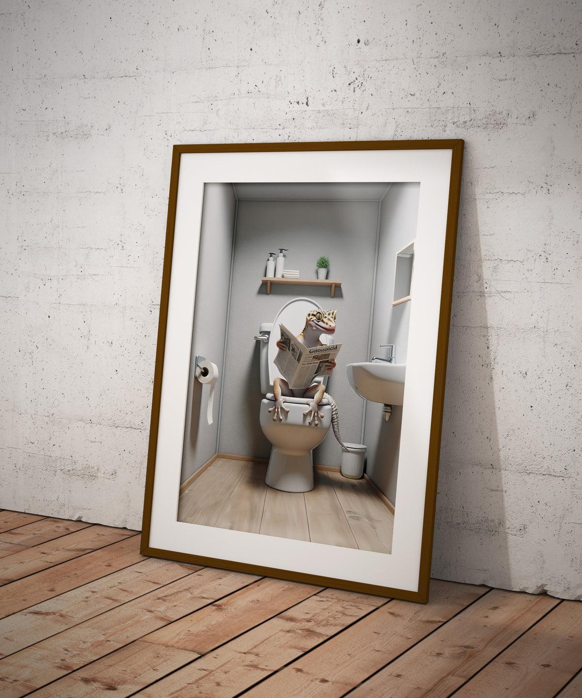 Poster lézard lisant le journal aux toilettes en cadre bois foncé et passe-partout, au sol contre un mur blanchi