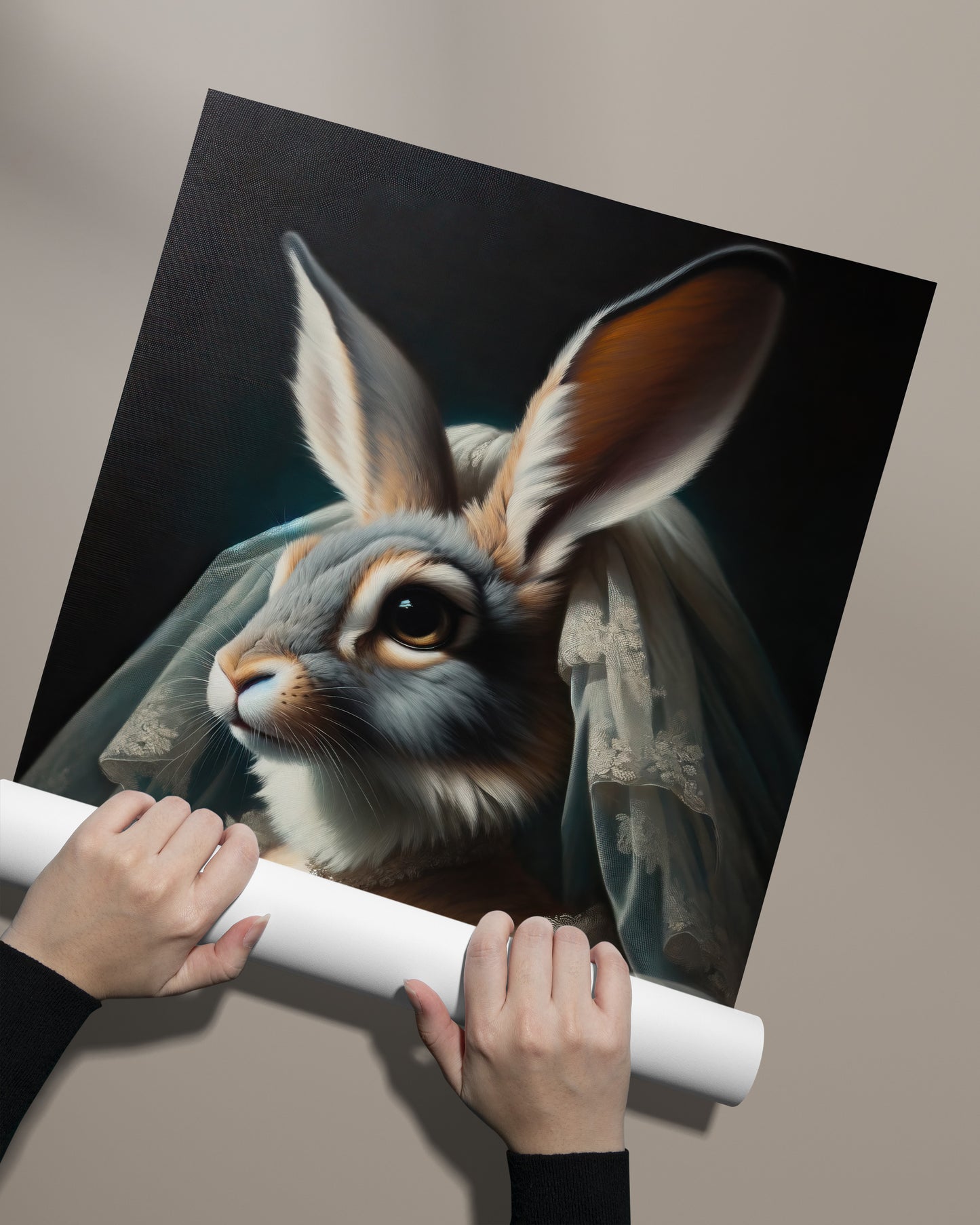 Poster lapine en robe de mariée et voile déroulé à la main