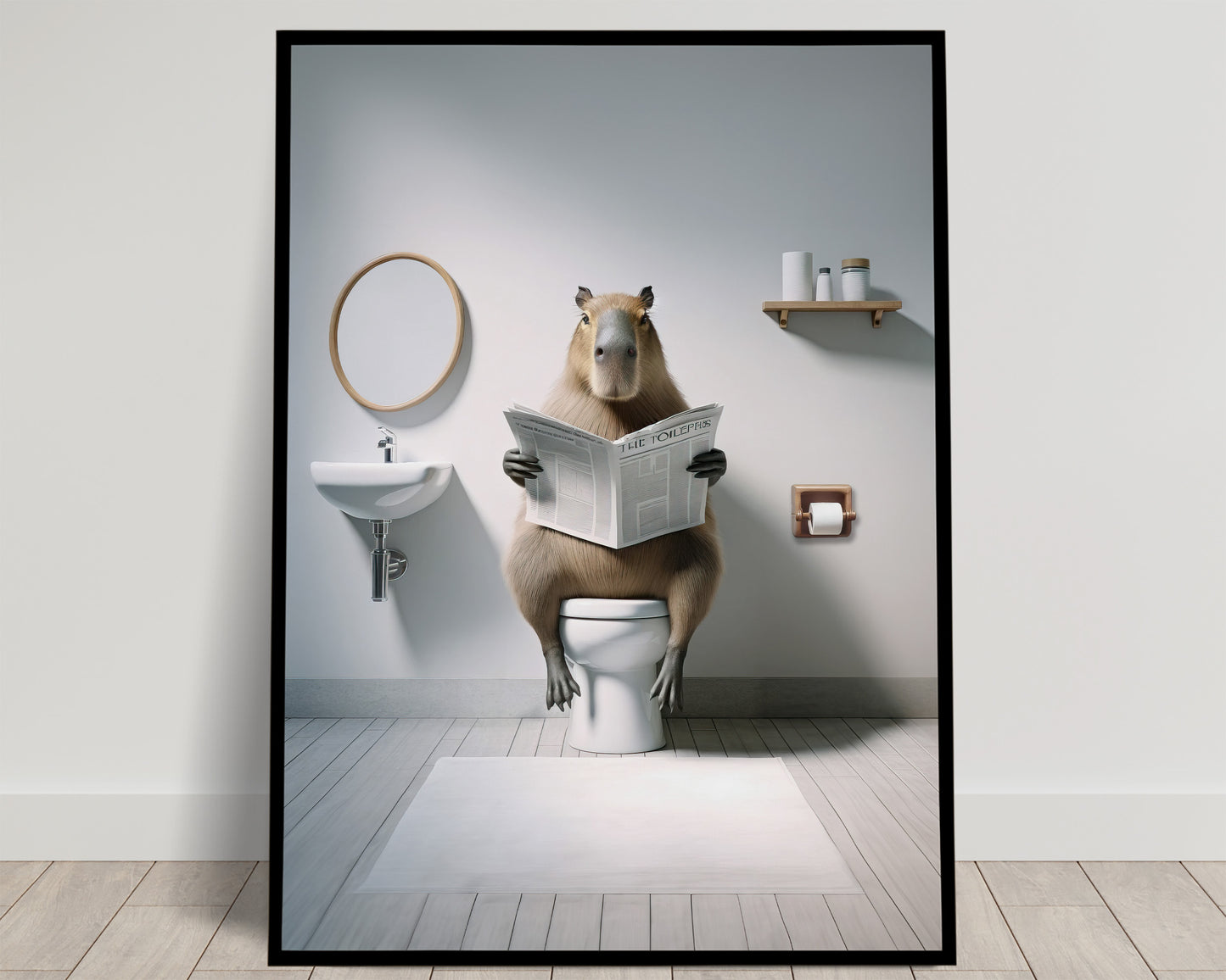 Capybara assis sur les toilettes lisant le journal, miroir rond et petit lavabo, tons clairs