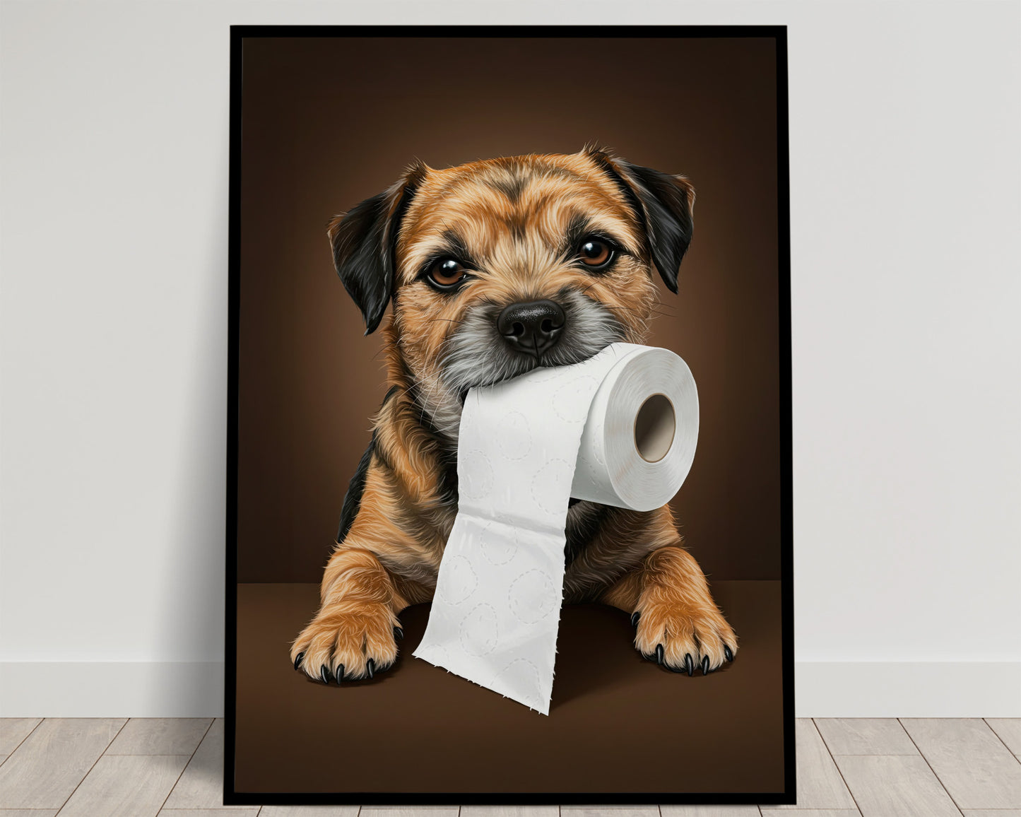 Border Terrier allongé tenant un rouleau de papier toilette dans la gueule, fond brun chocolat, poster Balthazart Studio