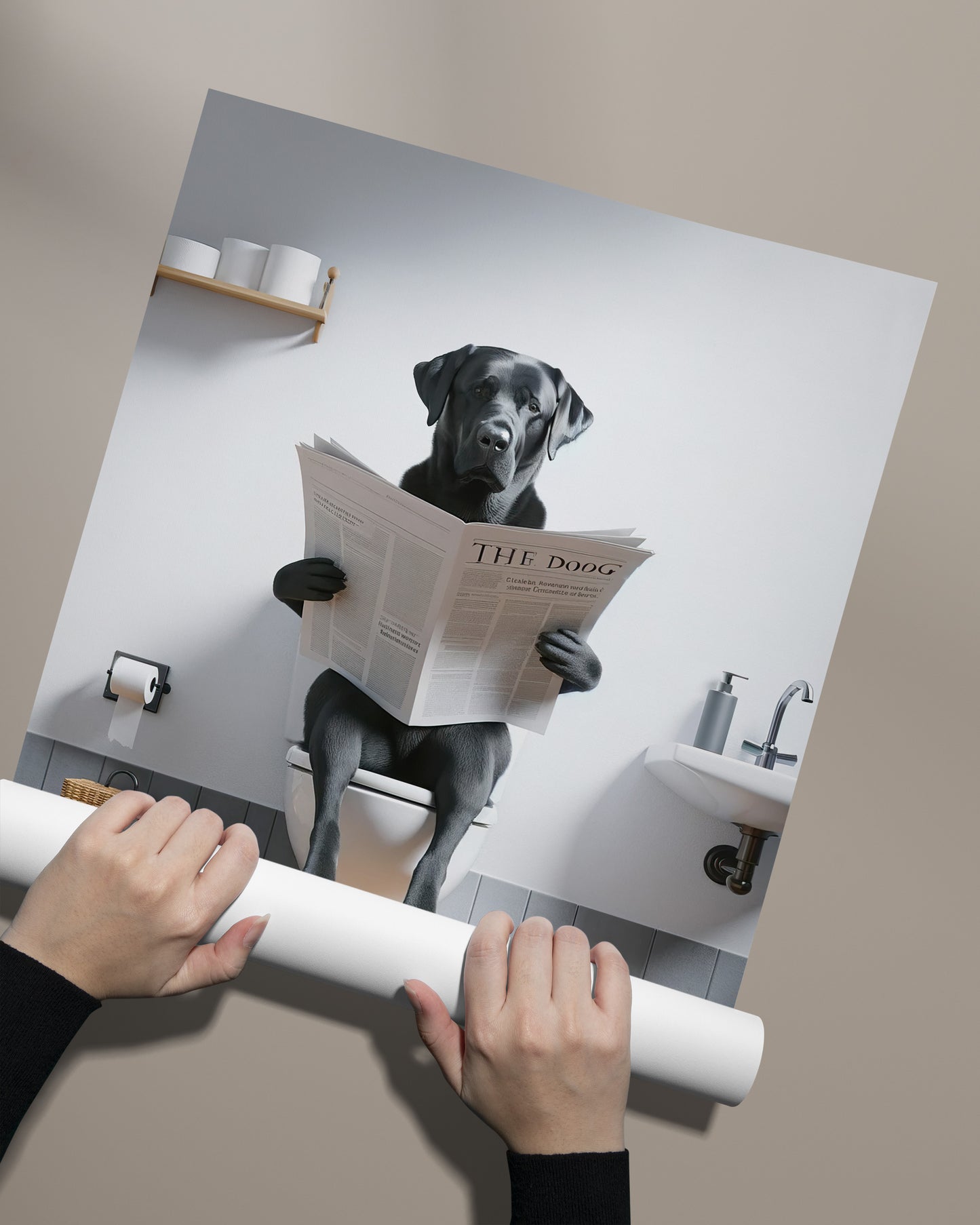 Poster labrador noir lisant le journal déroulé à la main sur fond taupe