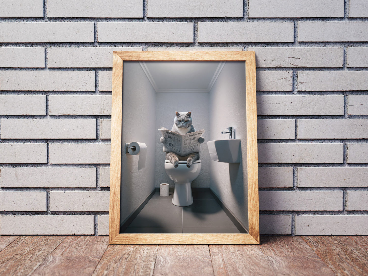 Affiche Humoristique Chat British Shorthair Bleu & Blanc aux Toilettes, Décoration Murale WC & Salle de Bain, Idée Cadeau Fun