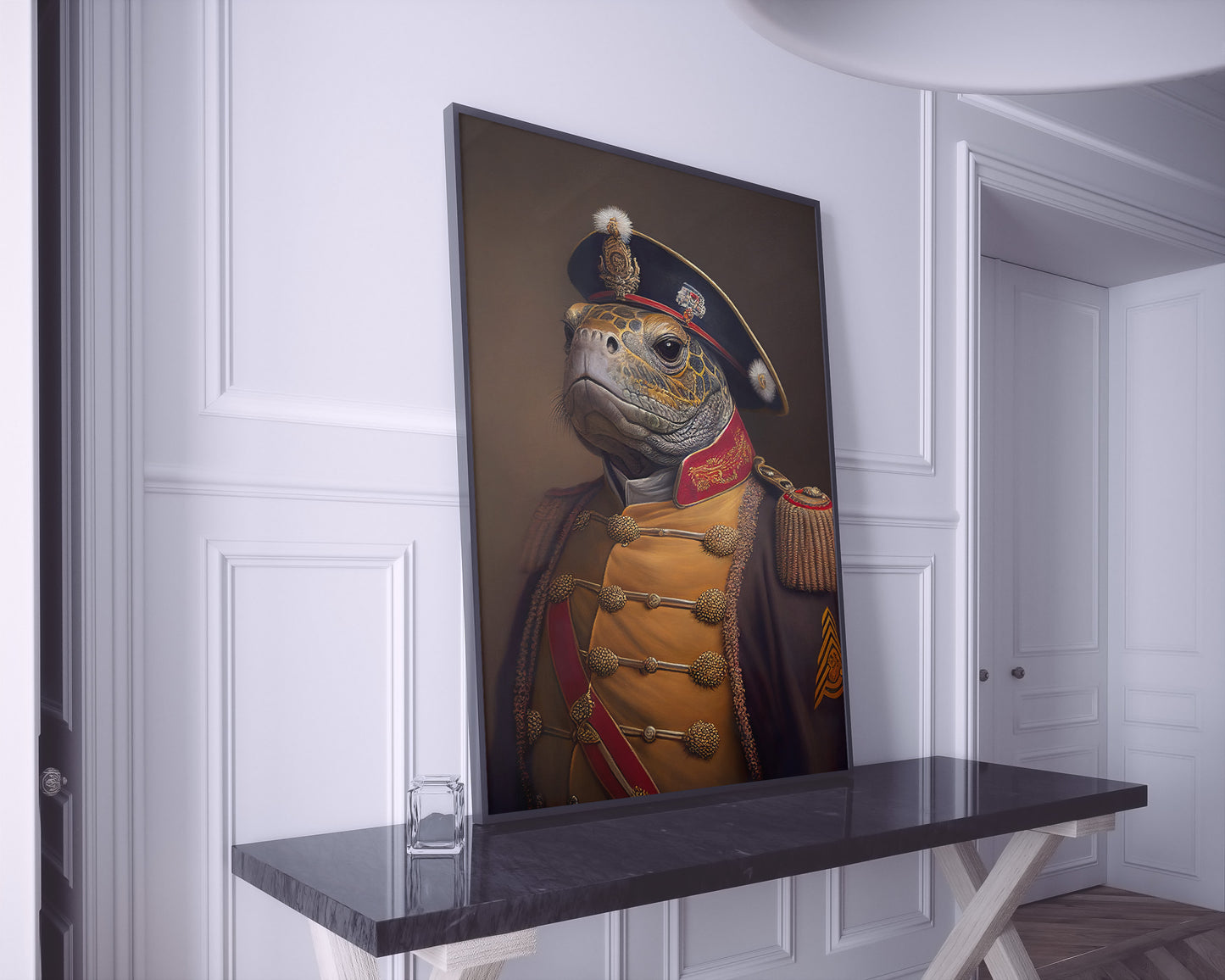 Turtle officer poster in a black frame on a black marble console in a room with white moldings