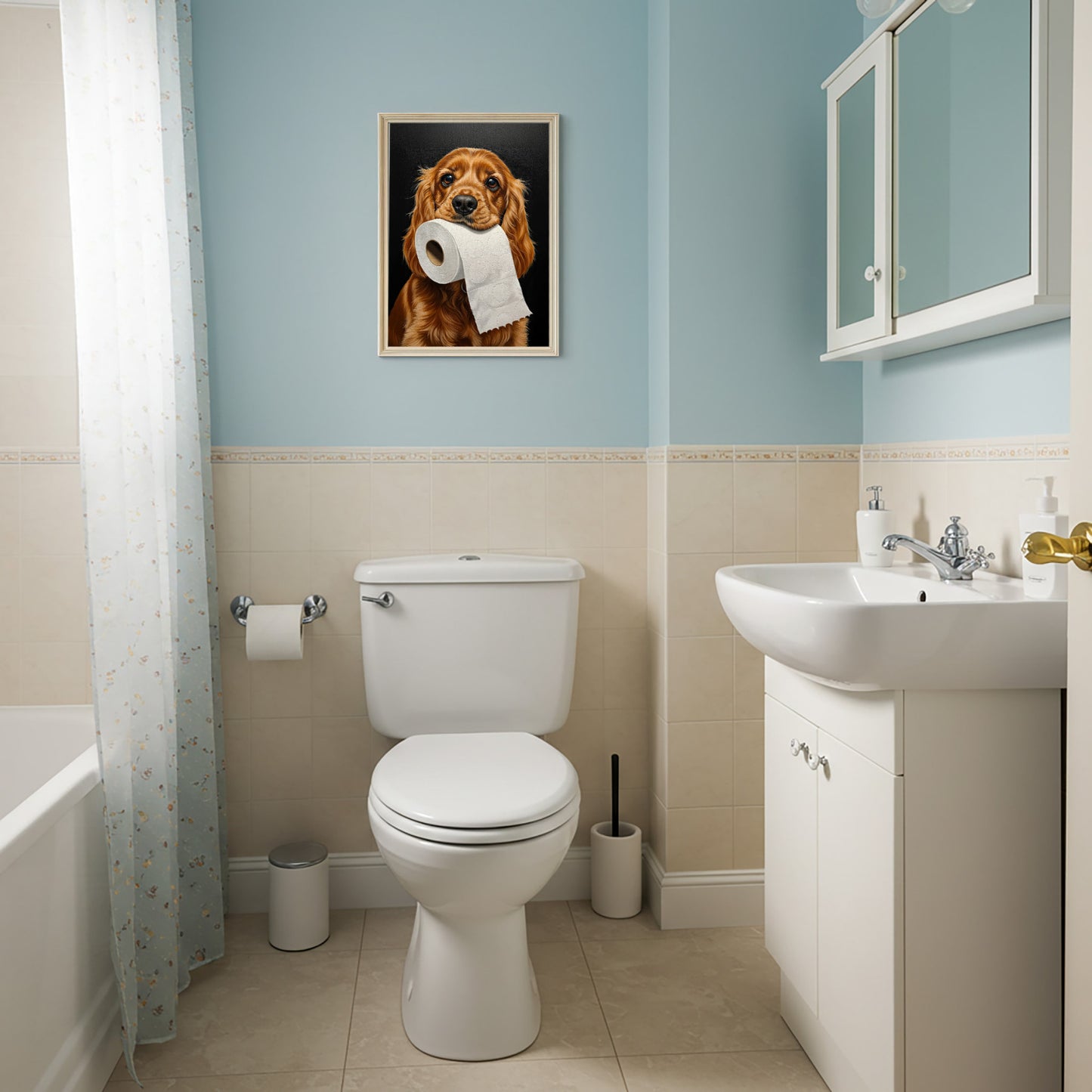 Poster Cocker anglais et son rouleau de papier toilette sur un mur bleu ciel au-dessus des WC