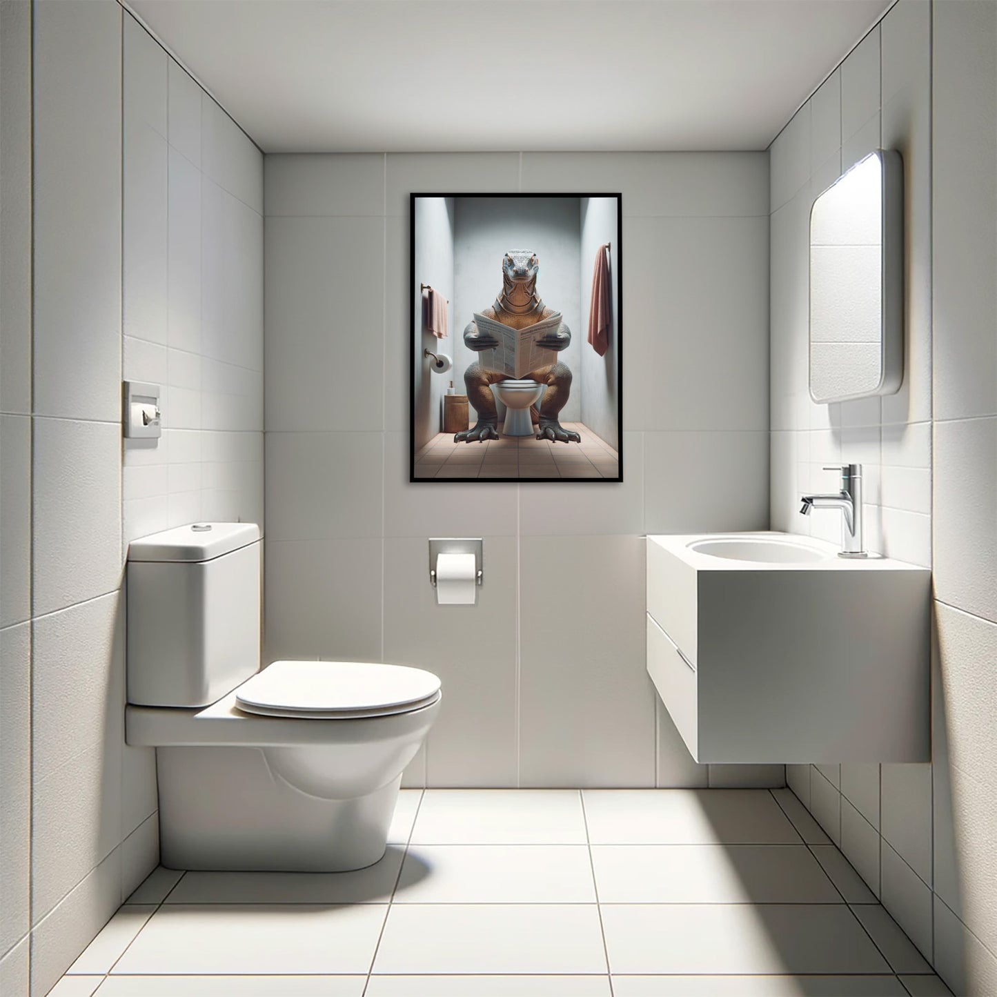 Poster Dragon de Komodo lisant le journal - Déco humoristique pour toilettes, Cadeau original salle de bain, Art mural fun