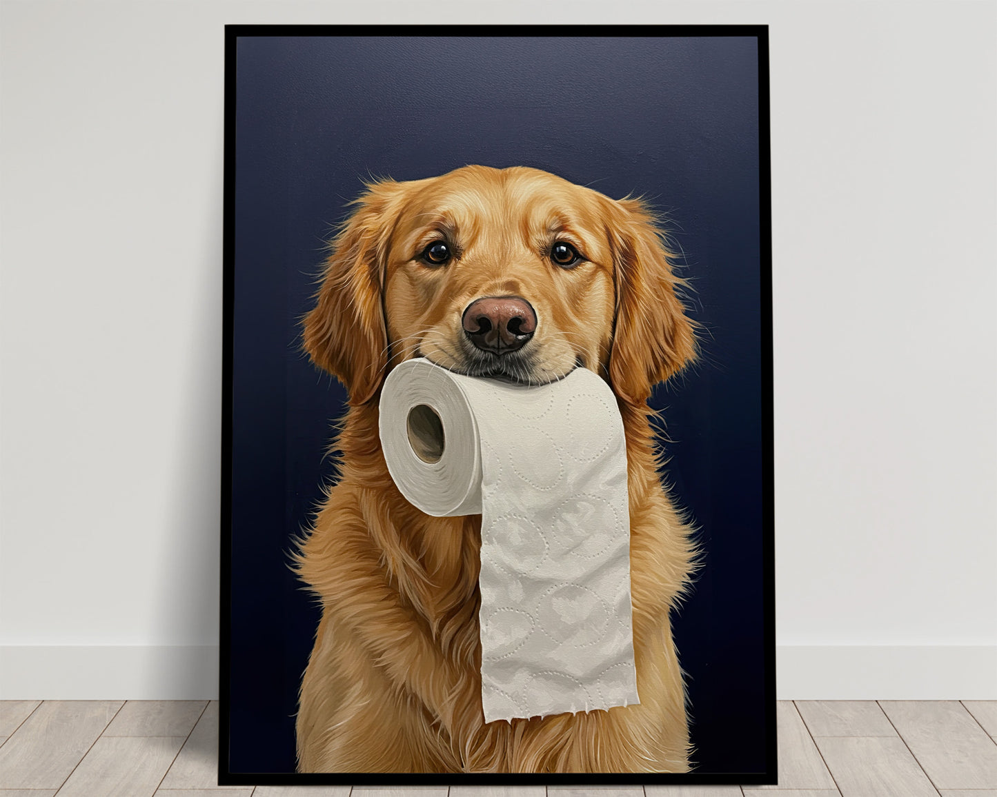 Golden retriever tenant un rouleau de papier toilette déroulé, fond bleu nuit, poster humour WC en cadre noir