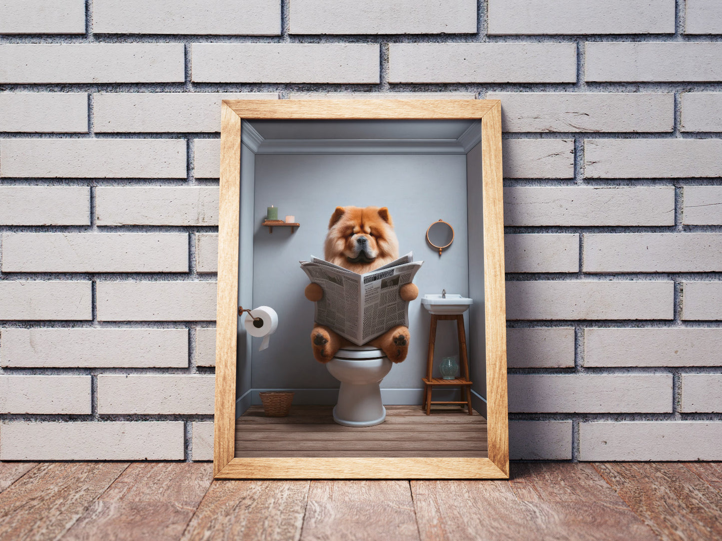 Chow Chow poster in a natural wood frame against a whitewashed brick wall