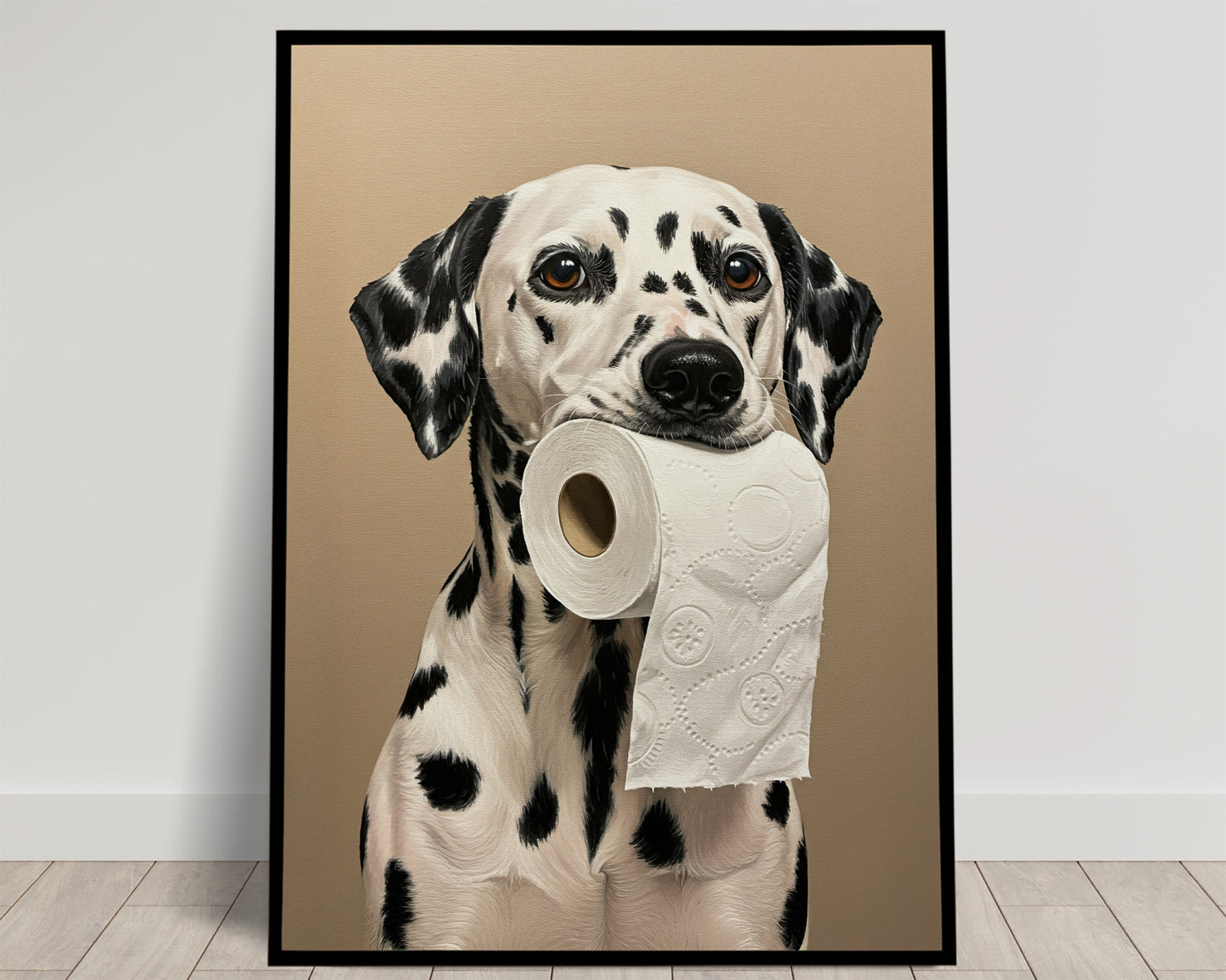 Poster WC Dalmatien mordant rouleau papier toilette - Humour, décoration toilettes, cadeau chien, affiche encadrée murale