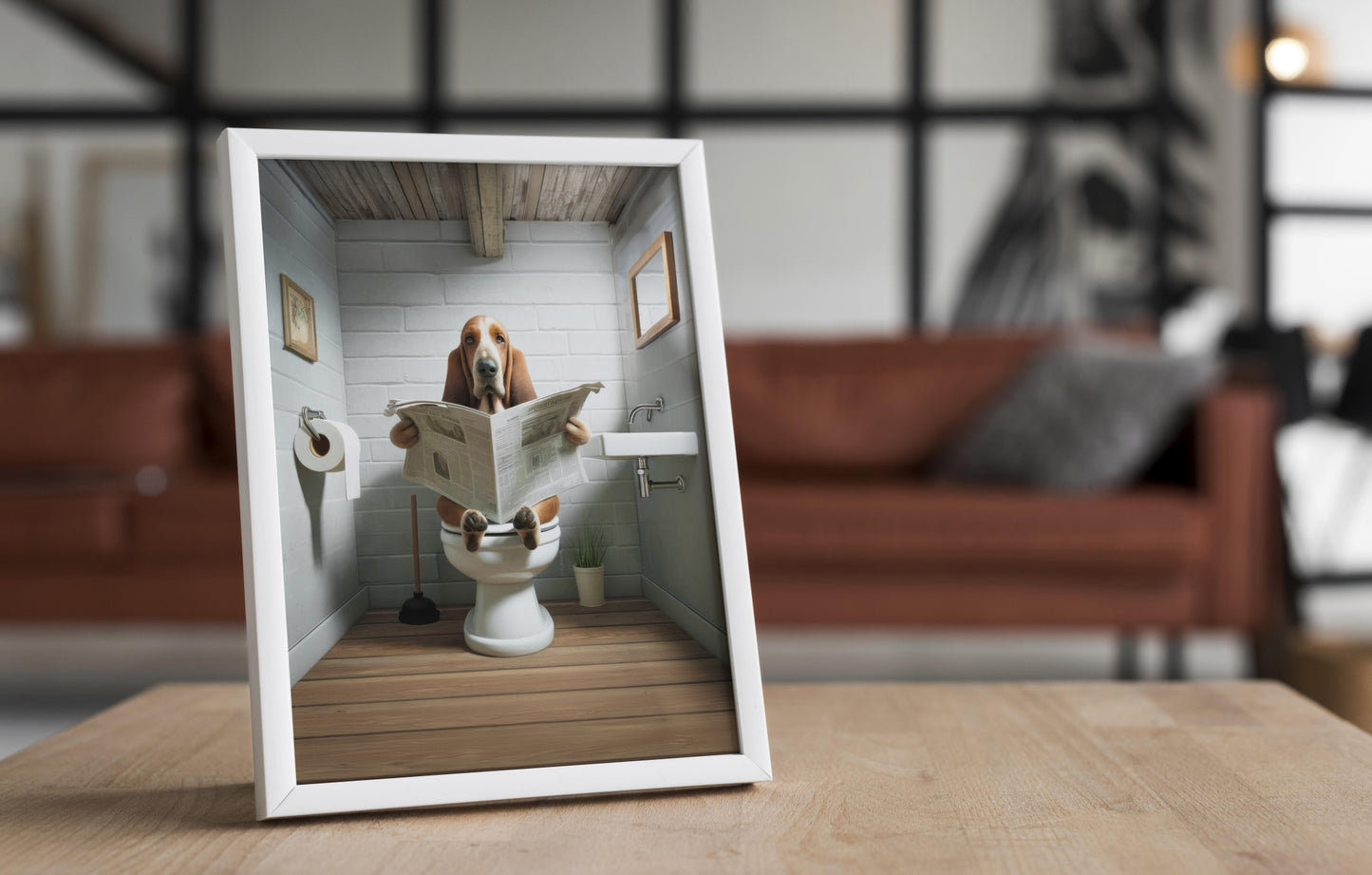 Poster Humoristique Basset Hound lisant le Journal sur les Toilettes – Décoration WC et Salle de Bain, Cadeau Amusant
