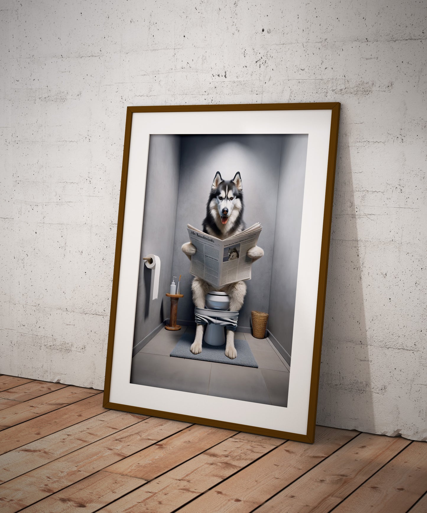 Poster husky lisant le journal, cadre bois foncé et passe-partout blanc, posé sur un parquet