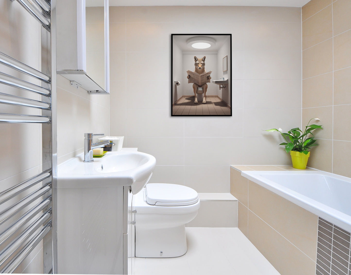 Poster Coyote Humour - Décoration Murale WC, Art Amusant Salle de Bain, Idée Cadeau Originale Fun, Cadre et Affiche Toilettes