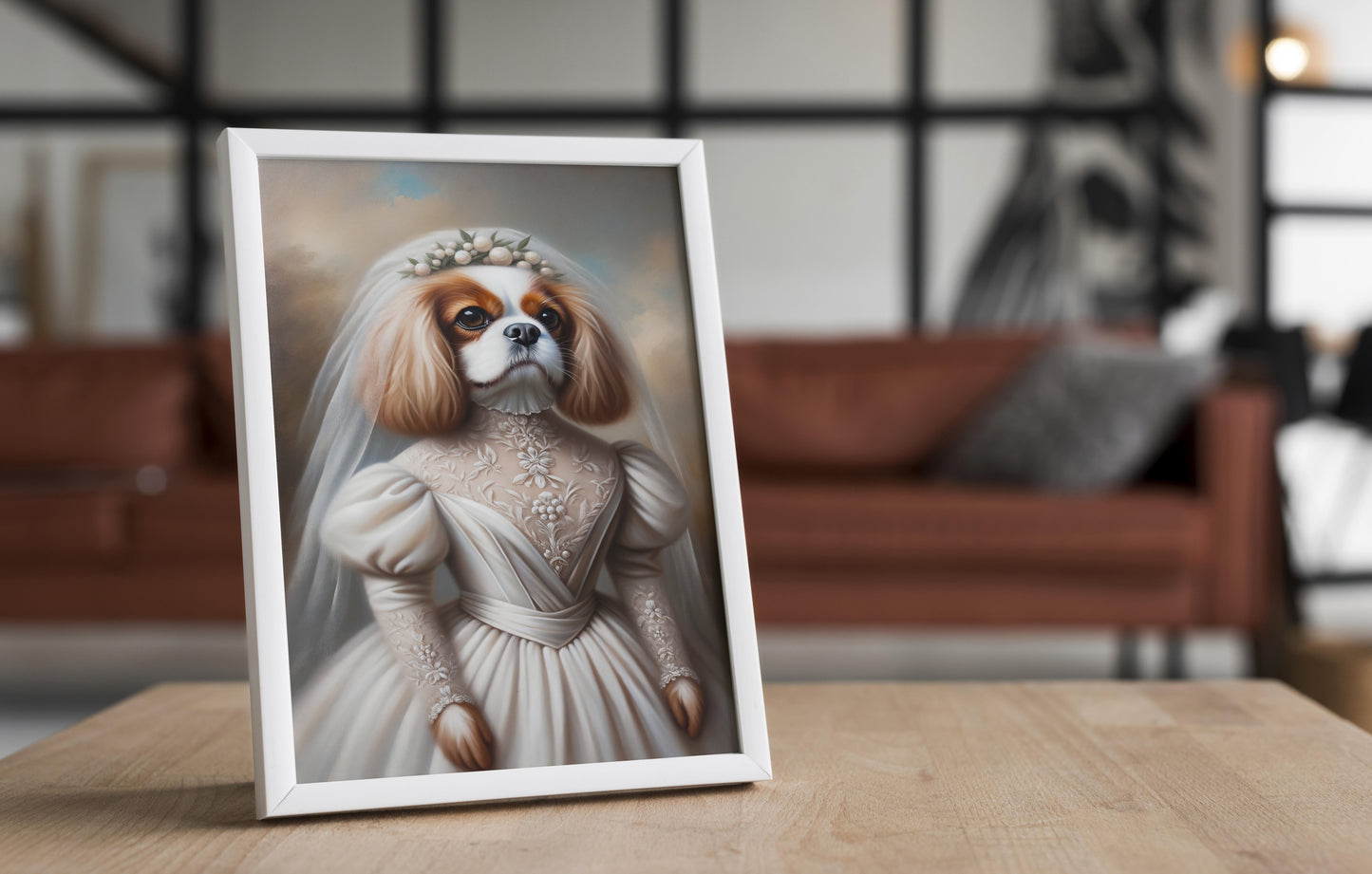 Poster Cavalier King Charles en robe de mariée, cadre blanc posé sur une table en bois devant un salon flou