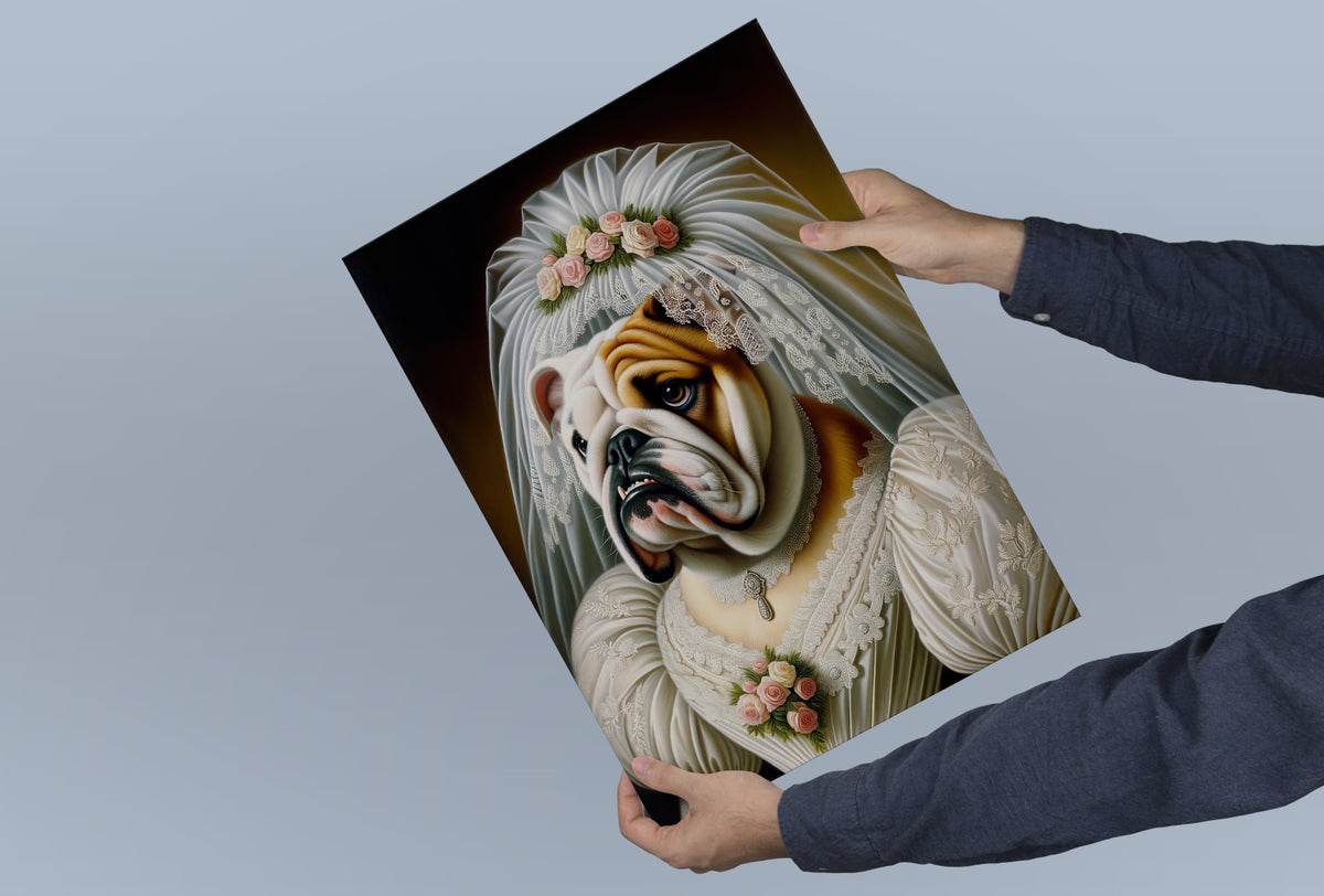 English Bulldog bride poster held in both hands against a blue-gray background