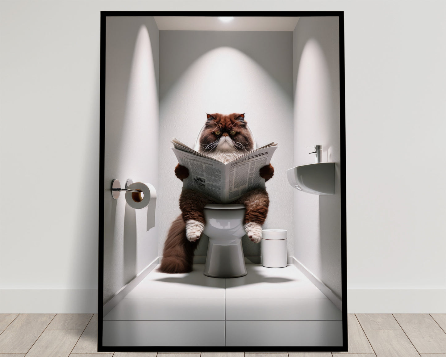 Affiche Murale Humour: Chat Persan Chocolat & Blanc lisant aux Toilettes – Déco WC & Salle de Bain, Cadeau Amusant