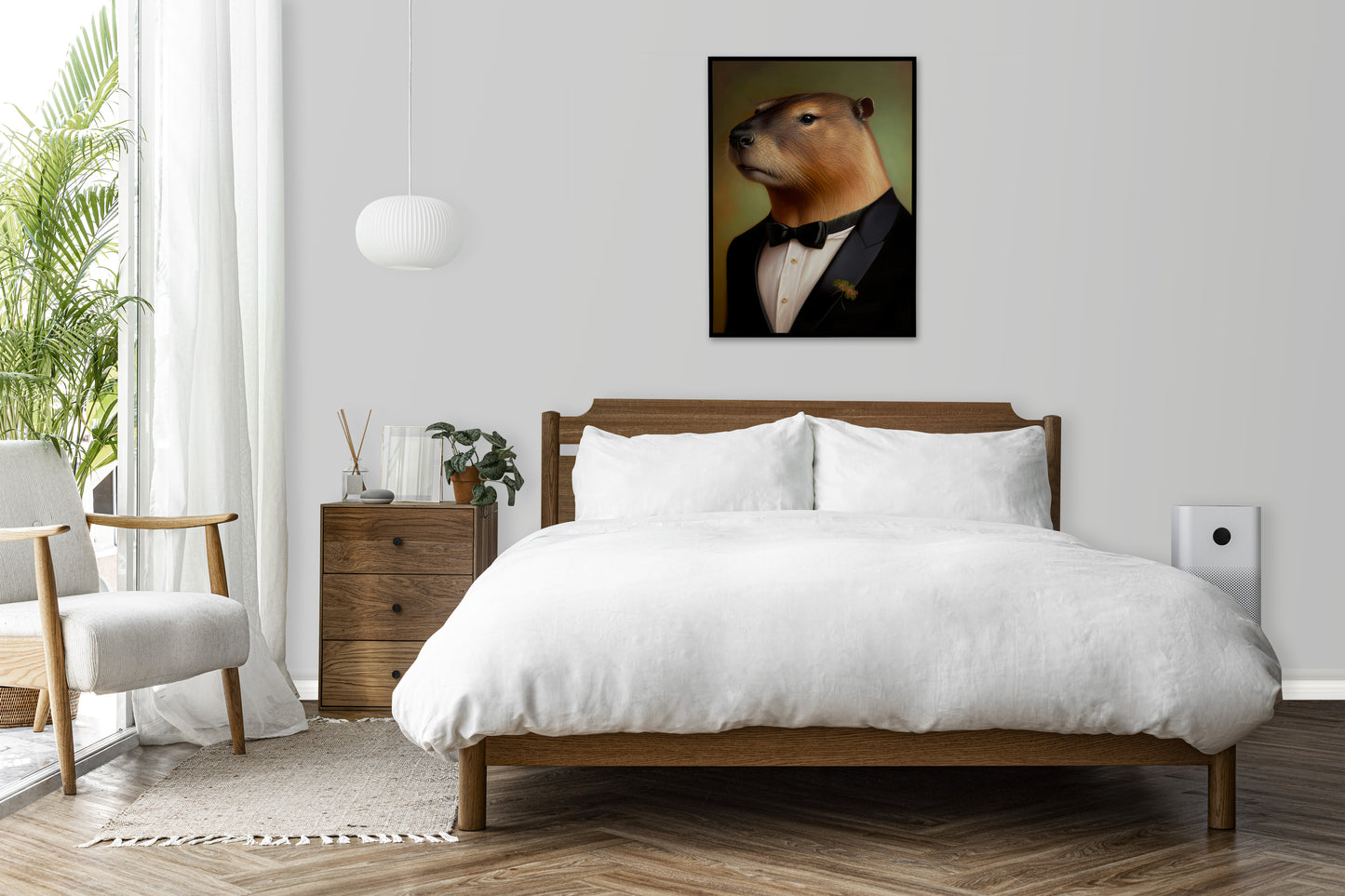 Capybara in tuxedo poster above a bed with white linens in a bright bedroom