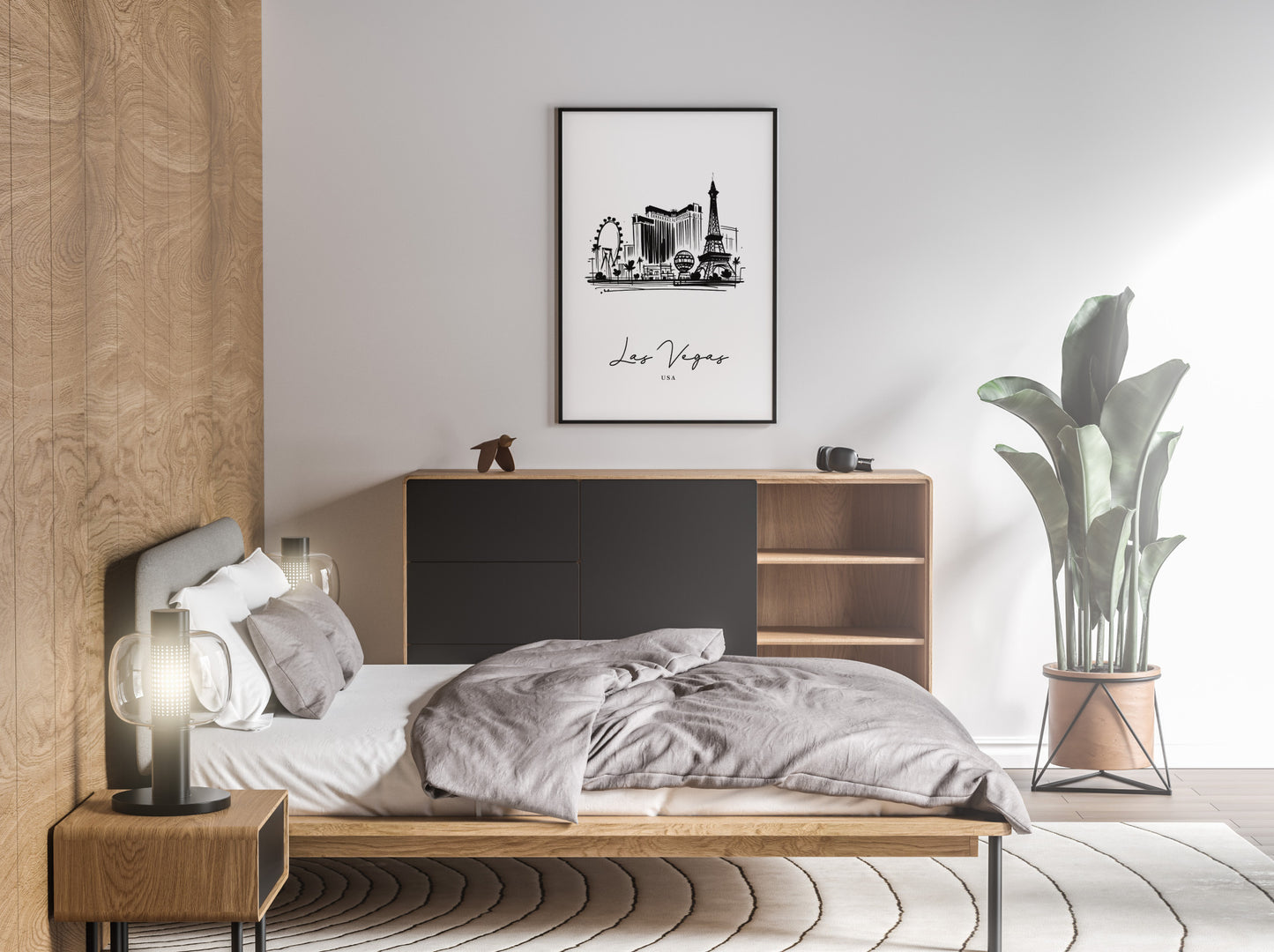 Poster des monuments de Las Vegas en cadre noir au-dessus d'un lit, chambre aux tons gris et bois
