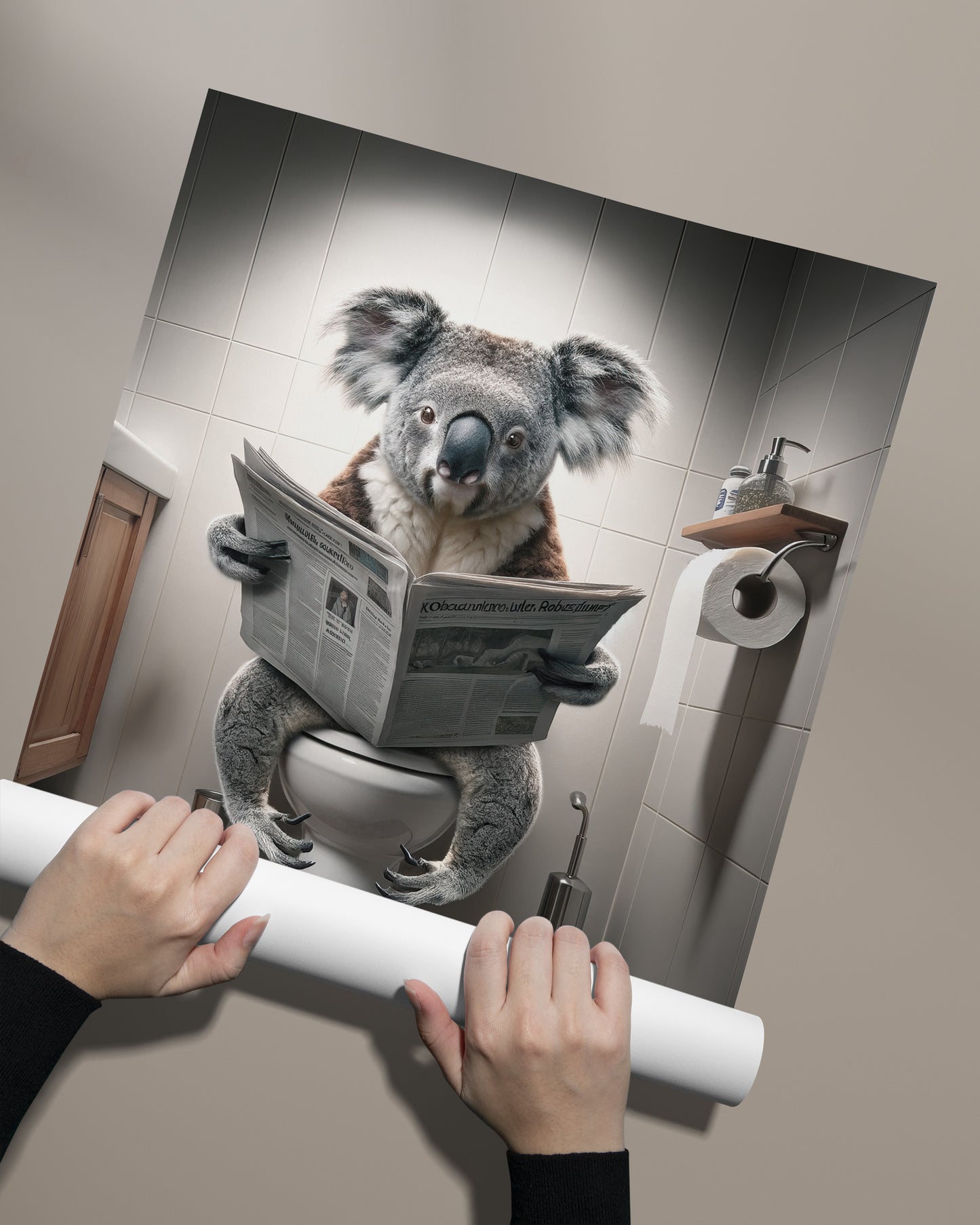 Unframed koala toilet humor poster being unrolled by hand