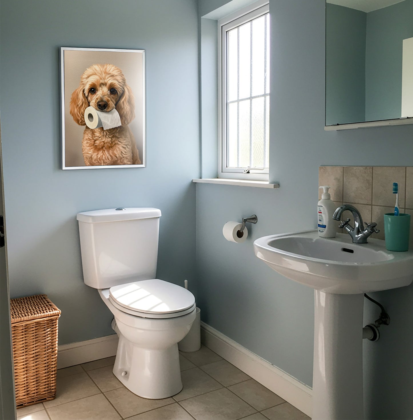 Poster chien caniche drôle pour toilettes – Cadeau original WC, affiche murale encadrée, déco murale, cadeau chien crème