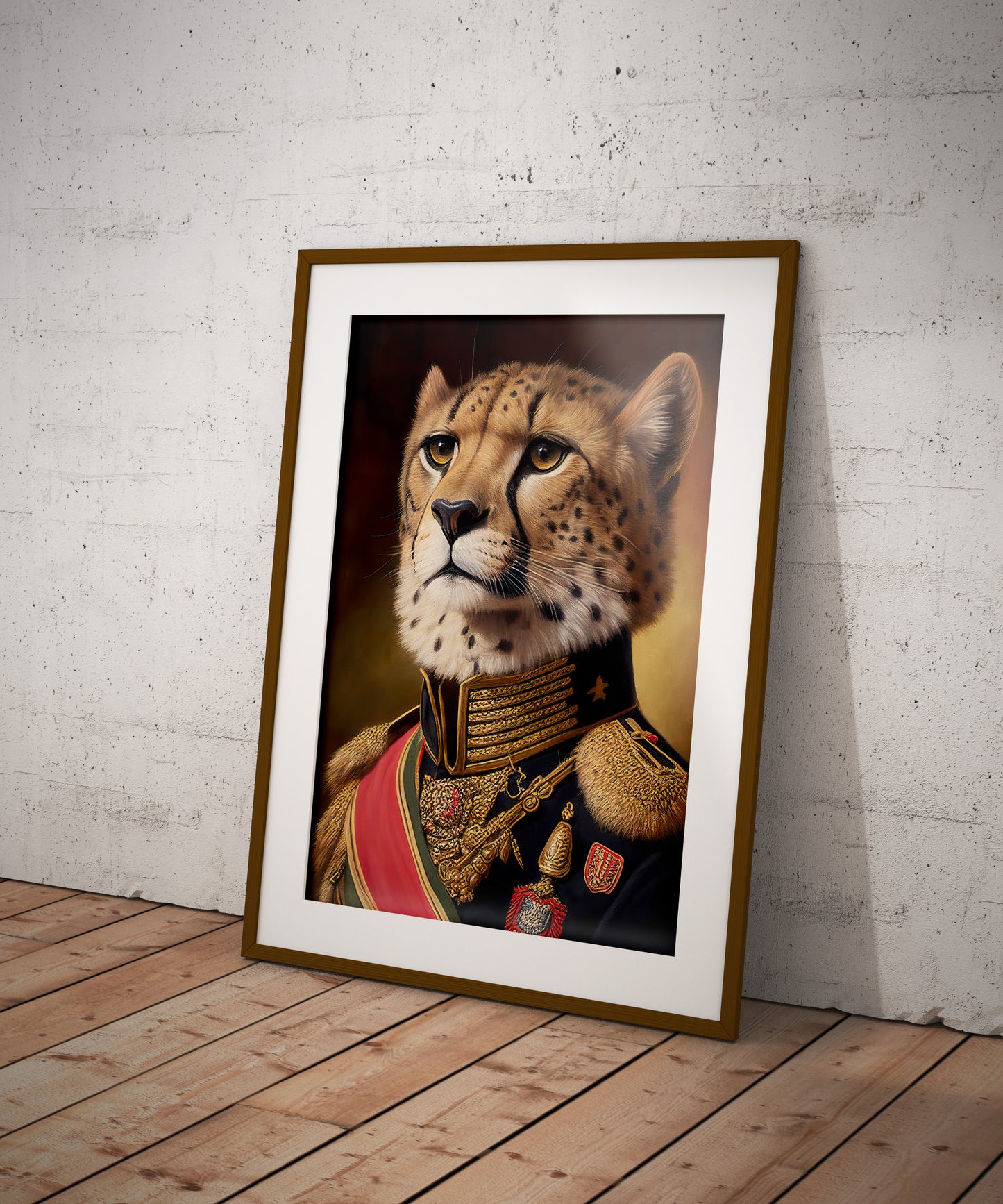 Poster guépard en uniforme, cadre bois foncé et passe-partout, posé au sol contre un mur de briques