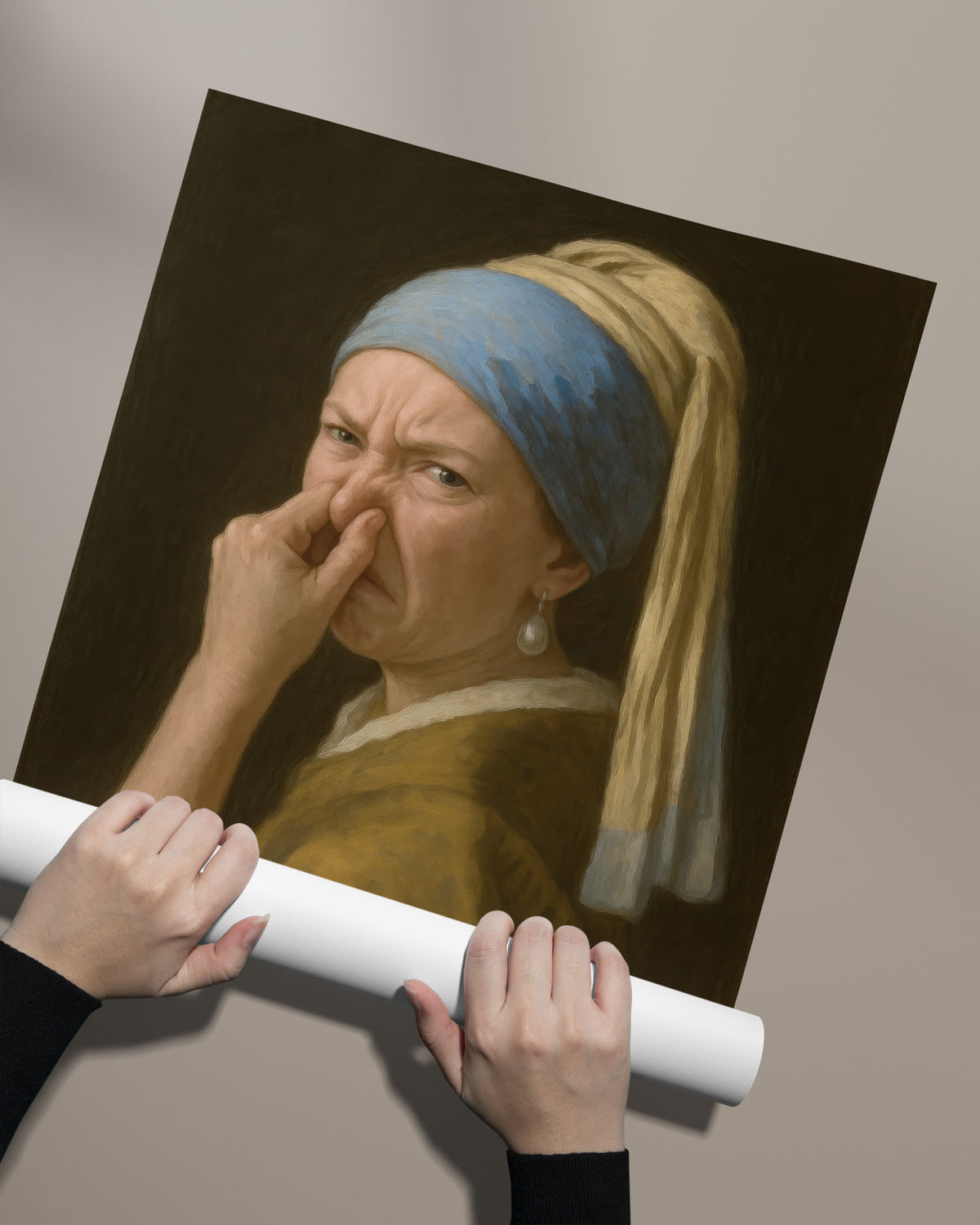 Poster Jeune Fille à la perle qui se pince le nez tenu à deux mains et déroulé contre un mur
