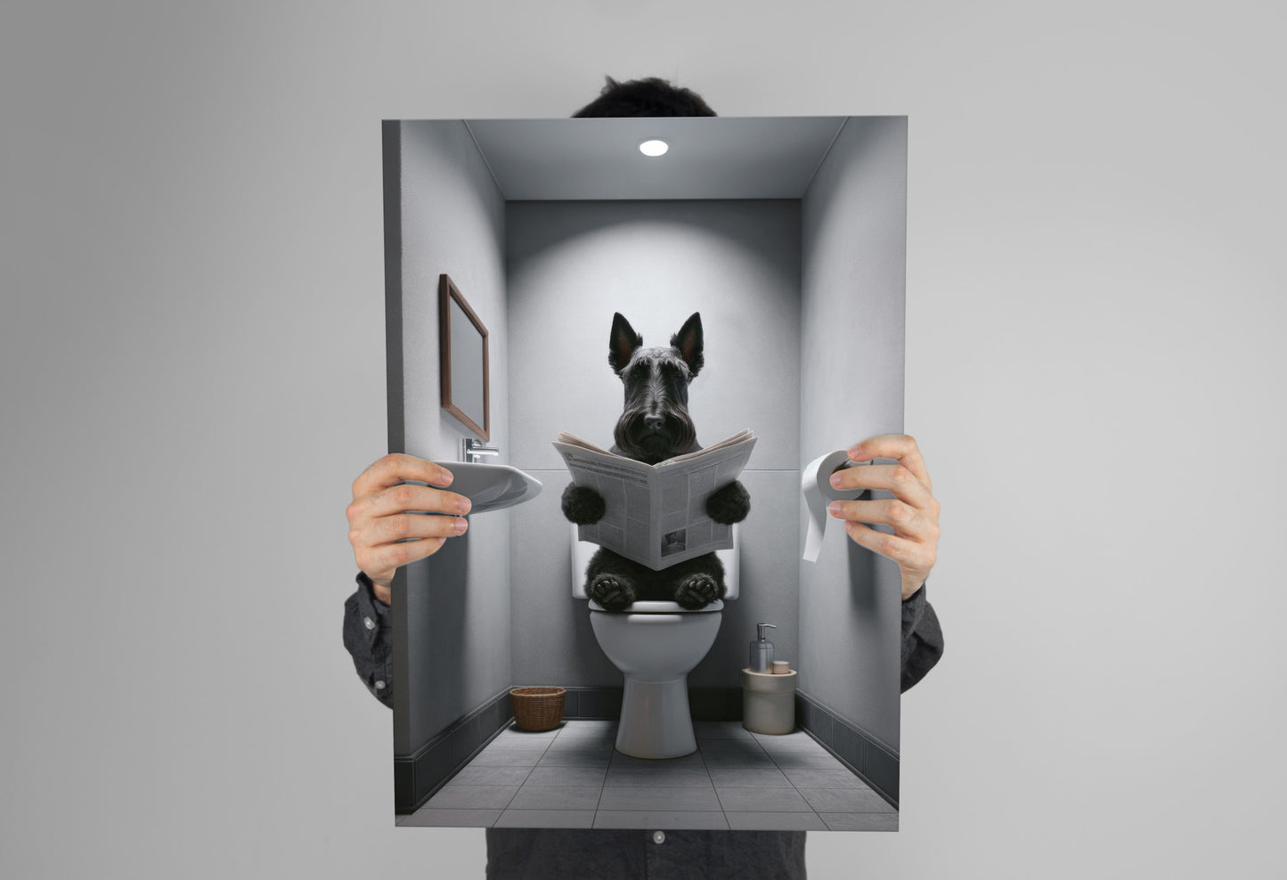 Affiche Terrier écossais lisant le journal sans cadre, tenue à deux mains face à l'objectif
