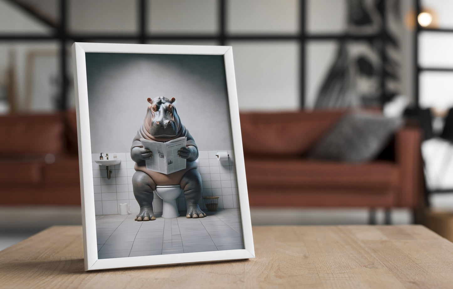 Poster Humour : Hippopotame Lisant aux Toilettes - Décoration WC Amusante - Cadre Déco Salle de Bain - Cadeau Original