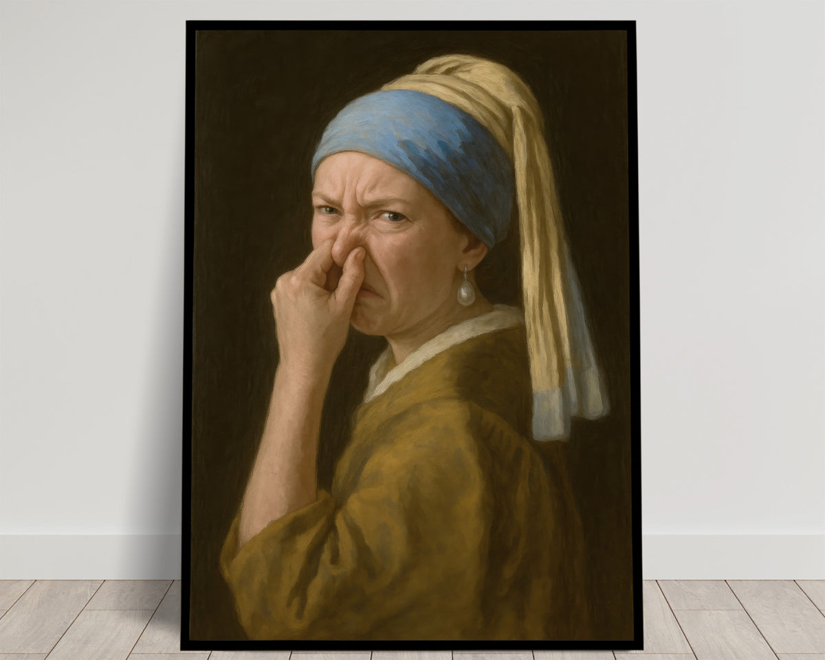 Parodie de La Jeune Fille à la perle grimaçant en se pinçant le nez, turban bleu et jaune, fond sombre, poster humour WC