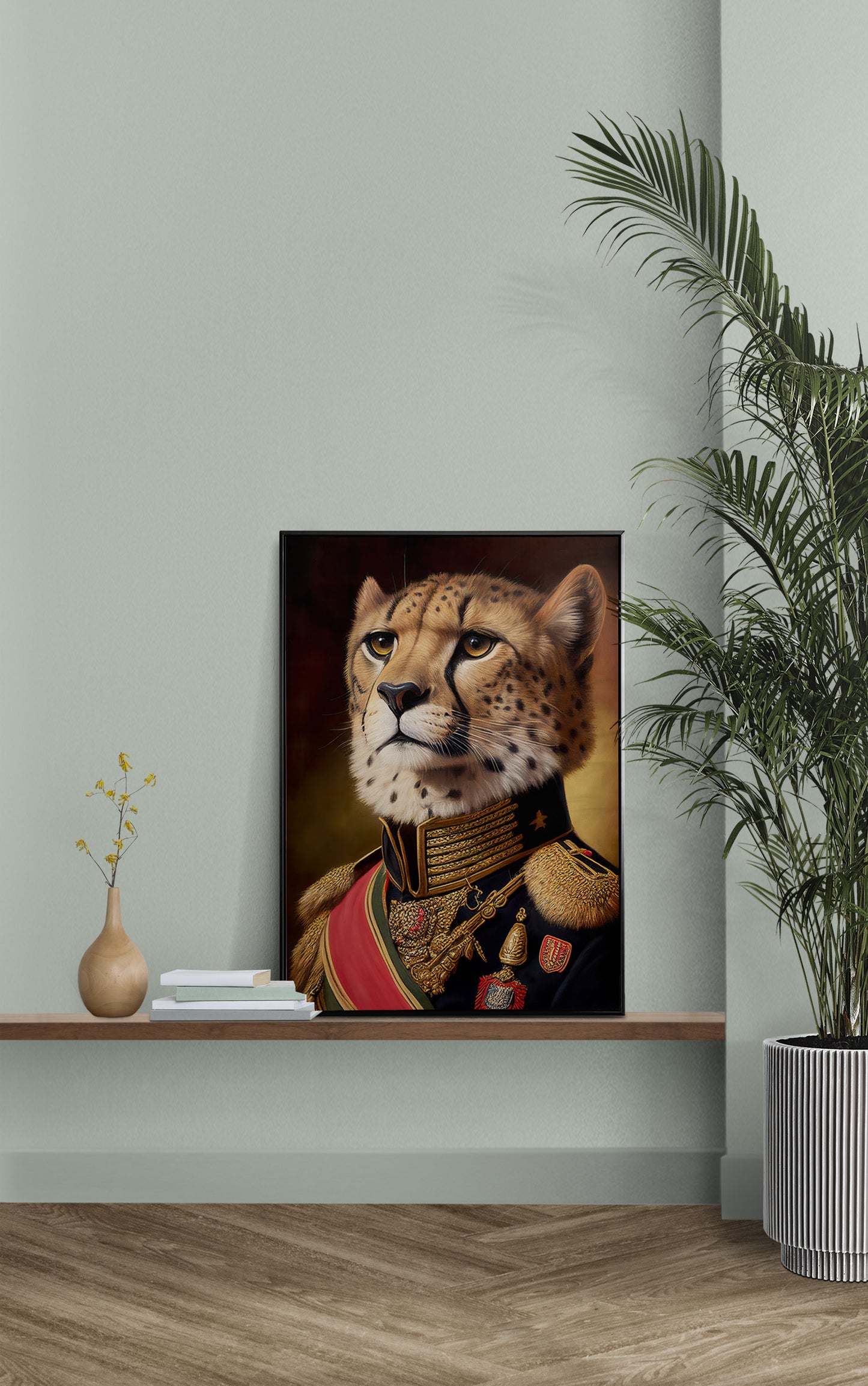 Poster guépard en uniforme posé sur une étagère murale, mur vert sauge et palmier
