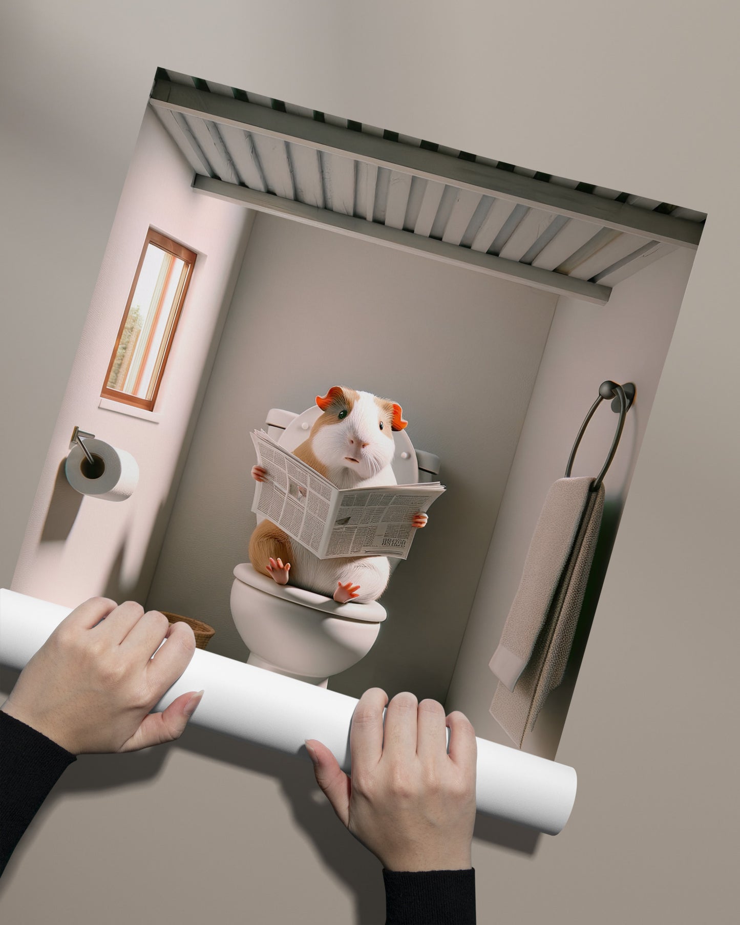 Poster Humour : Cochon d'Inde lisant le journal, Décoration Salle de Bain WC, Cadeau Drôle, Art Mural Toilettes