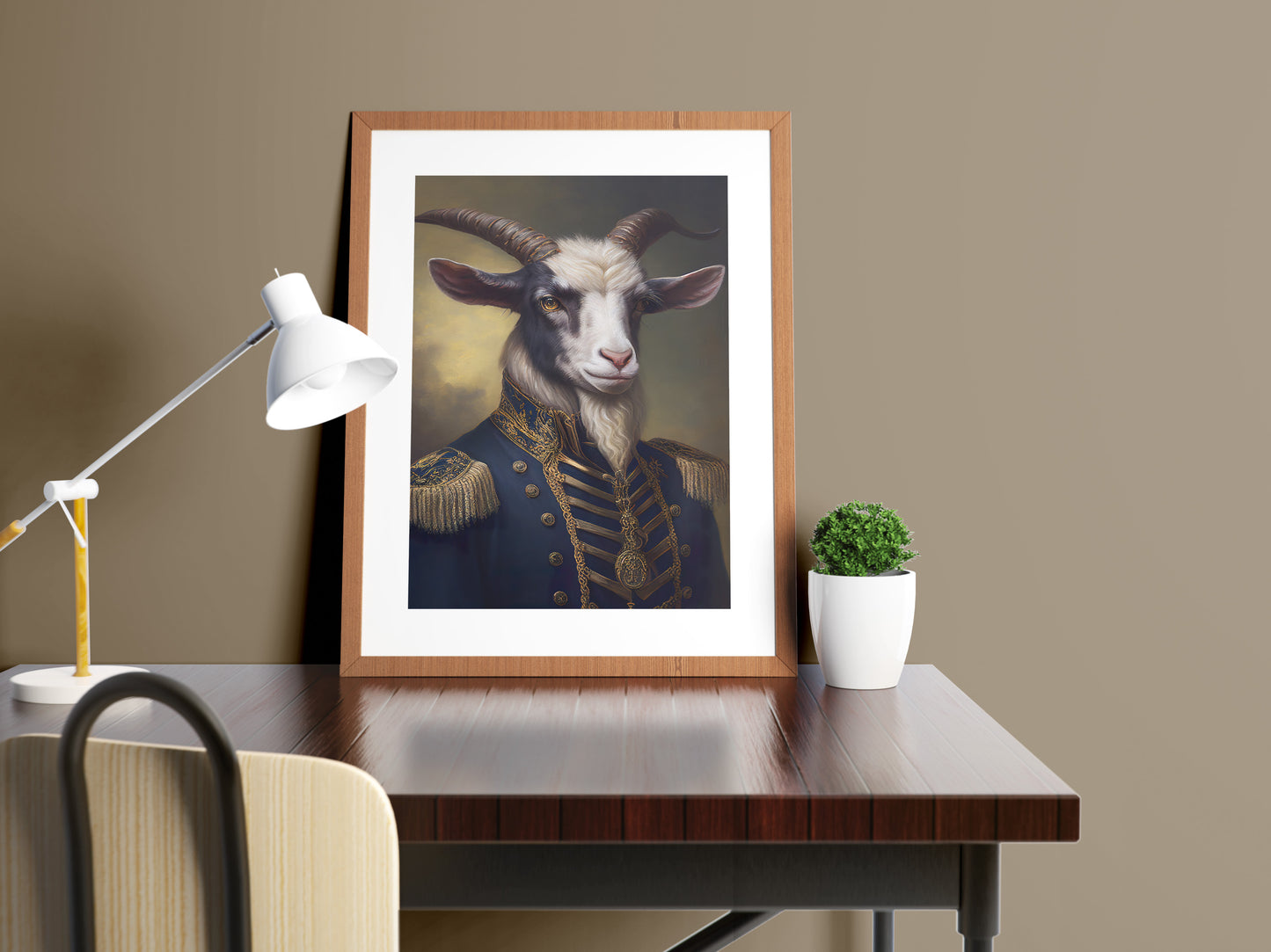 Goat in uniform poster in a wooden frame with a mat on a desk beside a white lamp