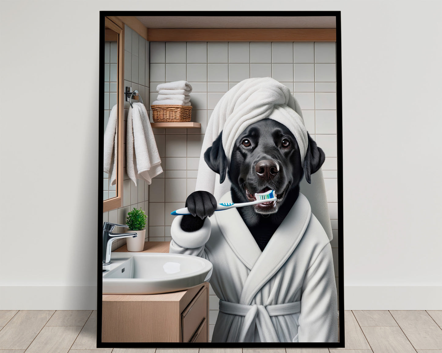 Poster Labrador rigolo salle de bain – Affiche murale humoristique chien en peignoir, déco toilette, cadeau original, cadre inclus