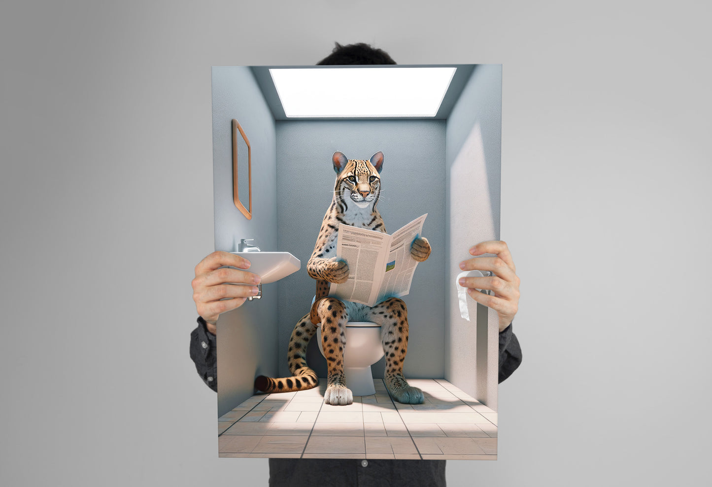 Ocelot reading the newspaper poster held in two hands against a gray background