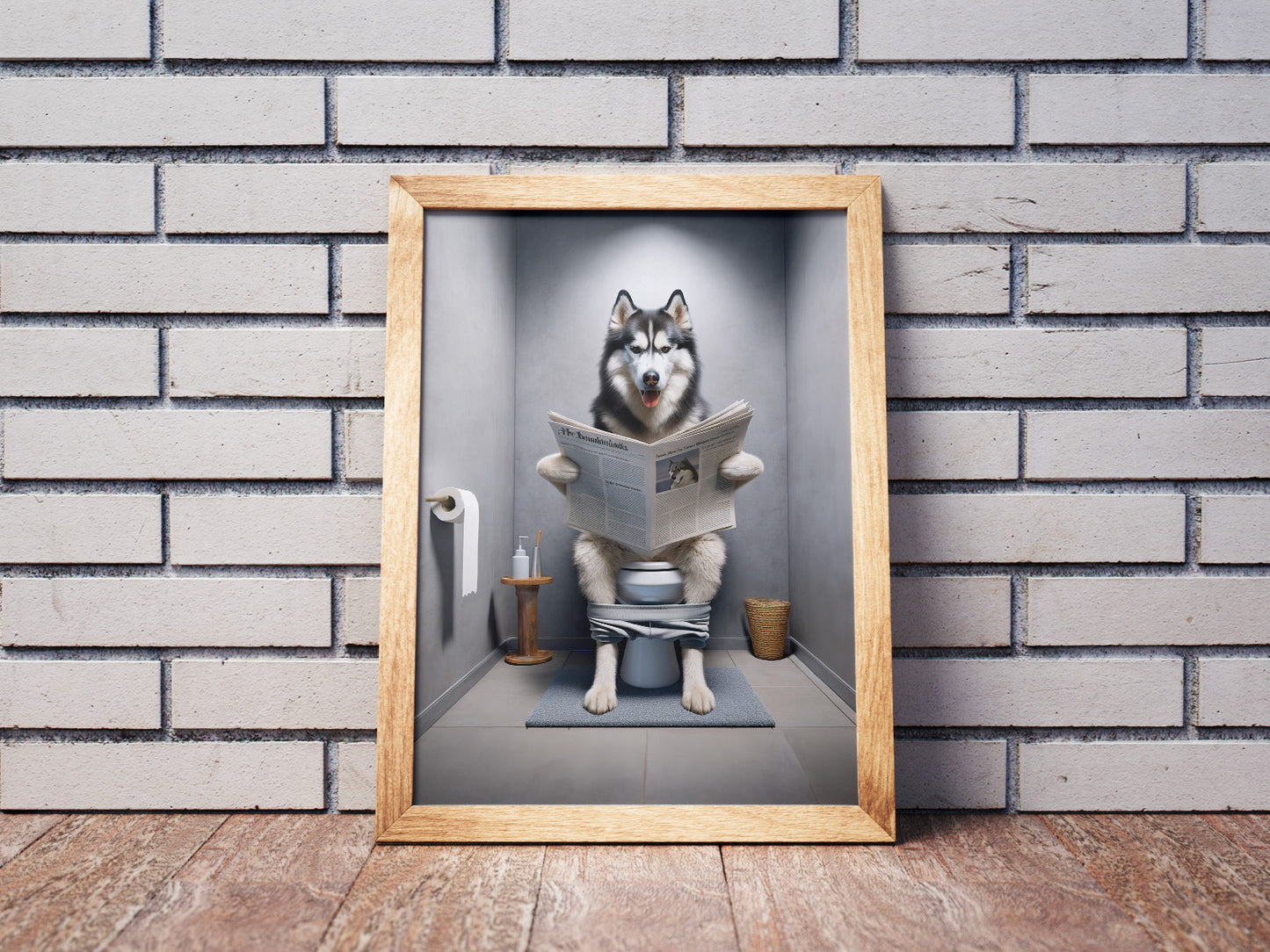 Poster husky lisant aux toilettes, cadre bois clair posé contre un mur de briques blanches