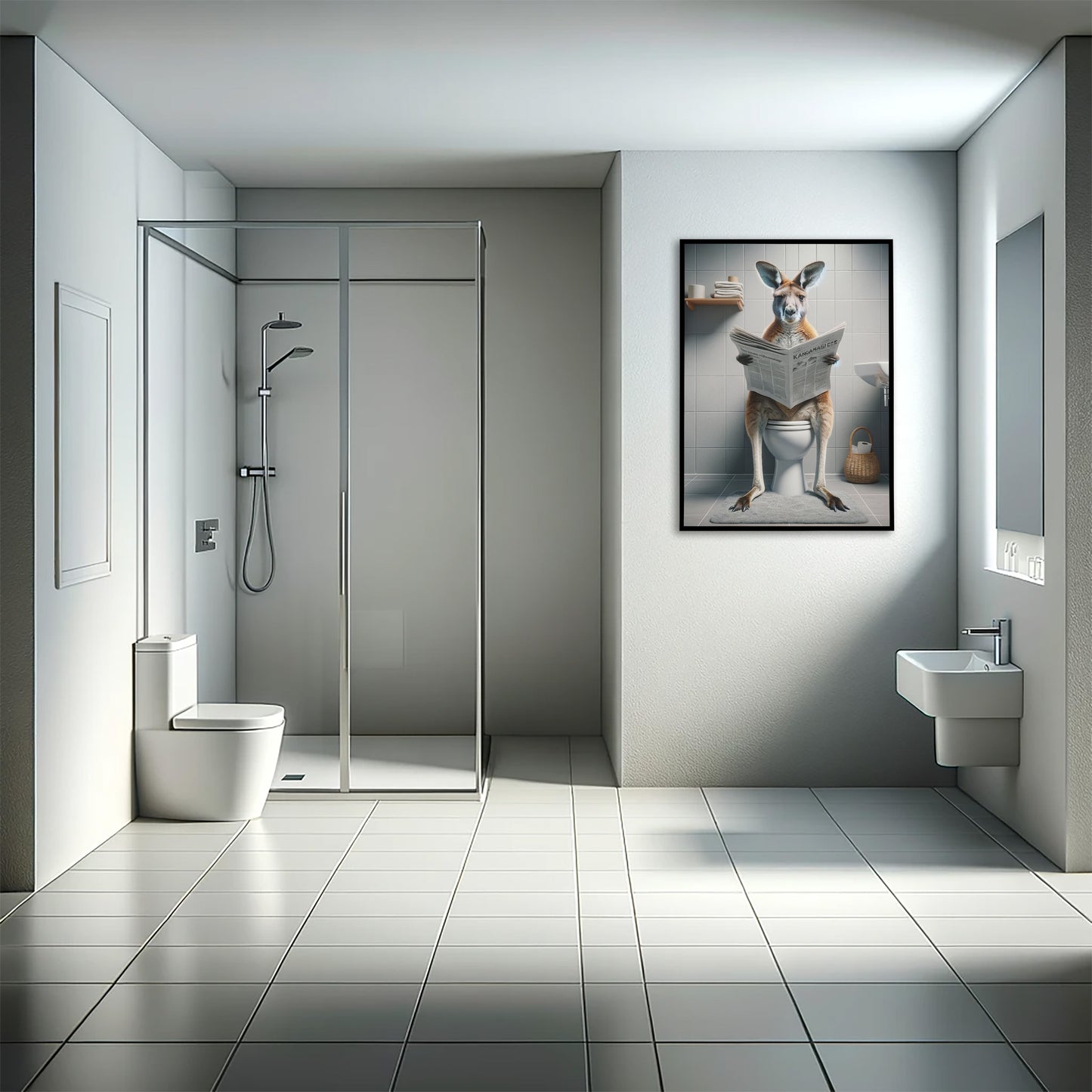 Bathroom with a walk-in shower and a black-framed poster of a kangaroo reading the newspaper