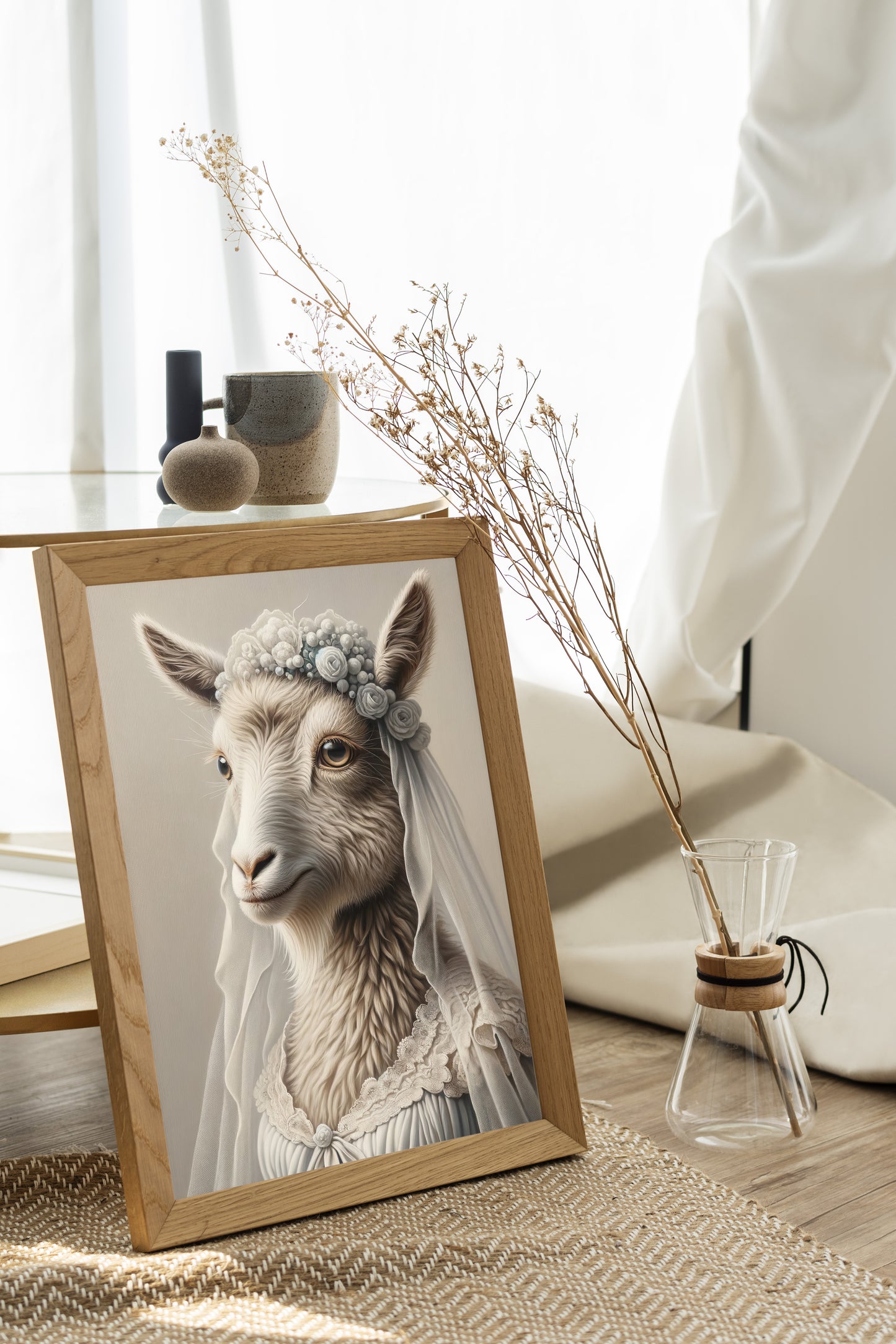 Sheep in a wedding dress poster in a natural wood frame on a jute rug next to dried flowers