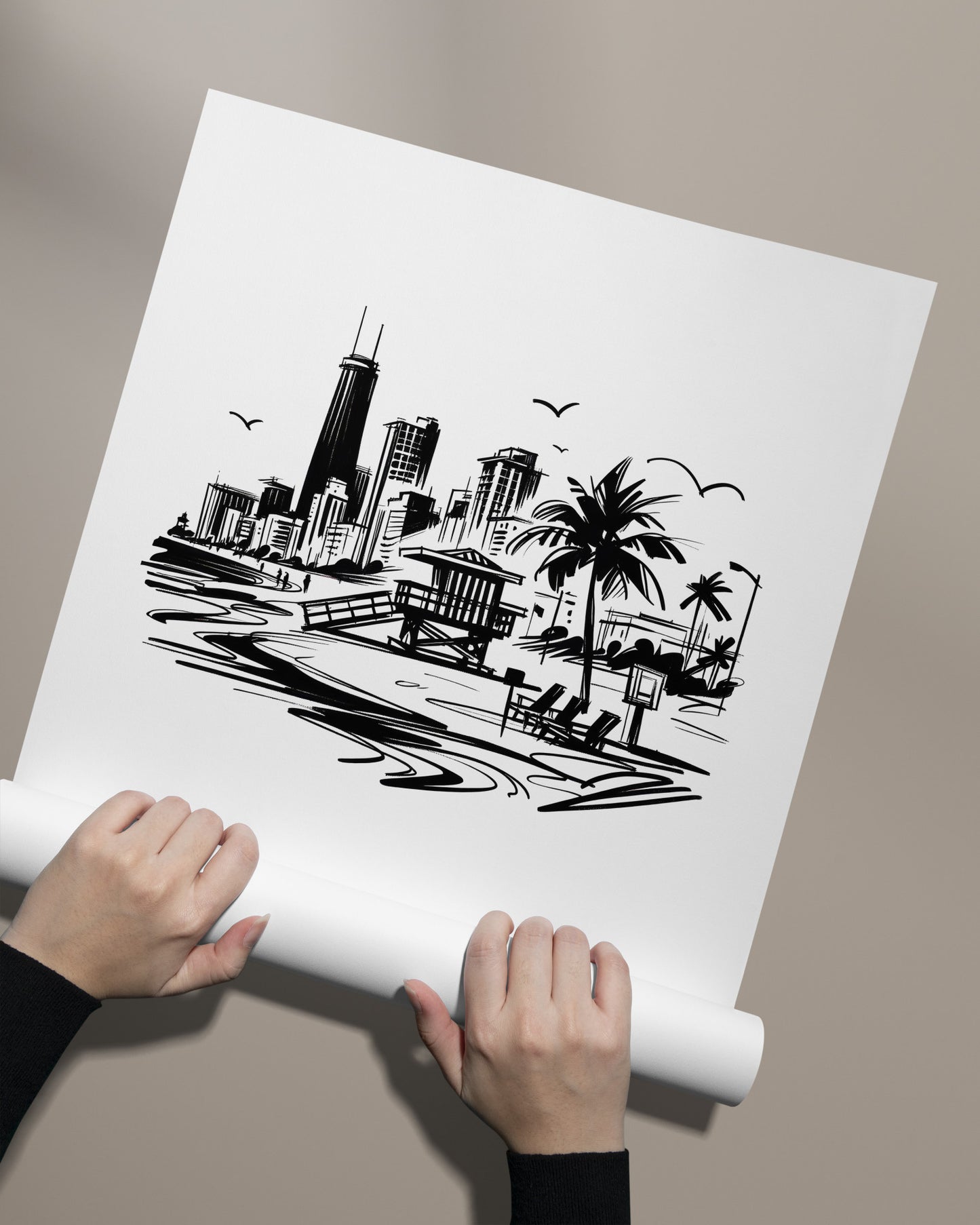 Affiche Miami noir et blanc sans cadre, déroulée à la main sur fond beige