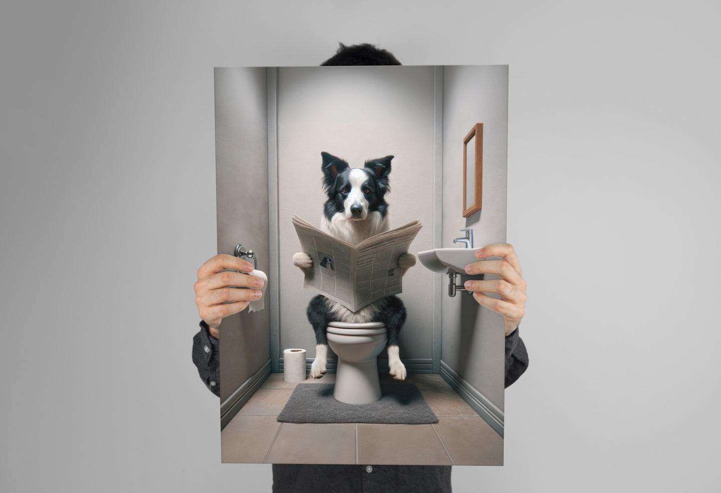 Poster Humour: Border Collie lisant le journal aux toilettes, Déco Salle de Bain, Cadeau Original, Art Mural WC